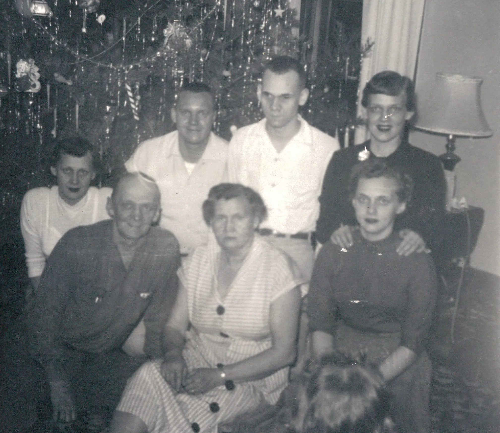 Earl Adam and Sadye Wildermuth at Christmas with their five children in front of a tinseled tree, mid-20th century. Aunt Maggie deck.