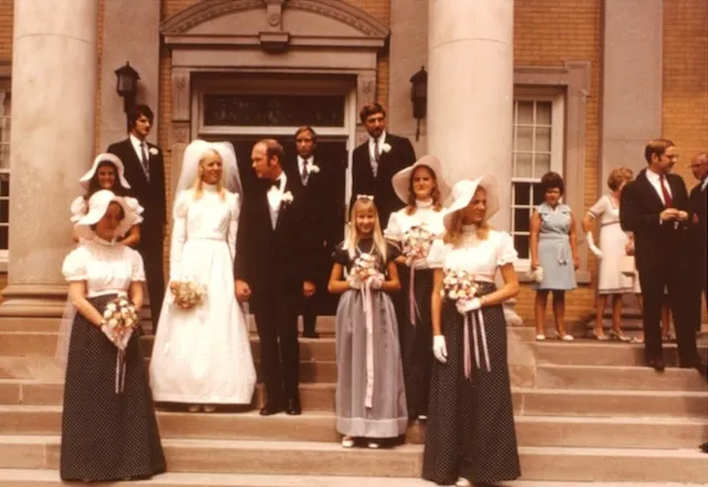 The wedding party on the church steps — 15 August 1971