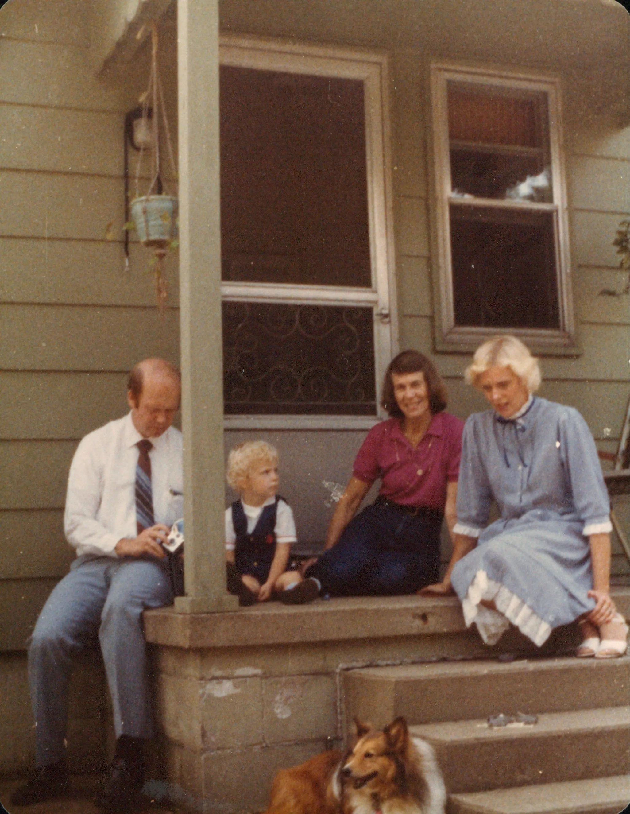 Young Chuck on the 108 Hillcrest back porch with his parents Charlie and Terrie and Grandma Dottie Wildermuth — c. 1981–1983
