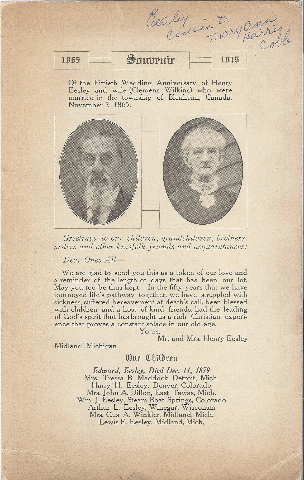 Souvenir of the 50th Wedding Anniversary of Henry Eesley and Clemens Wilkins, 2 November 1915 (Midland, Michigan) — scan 1