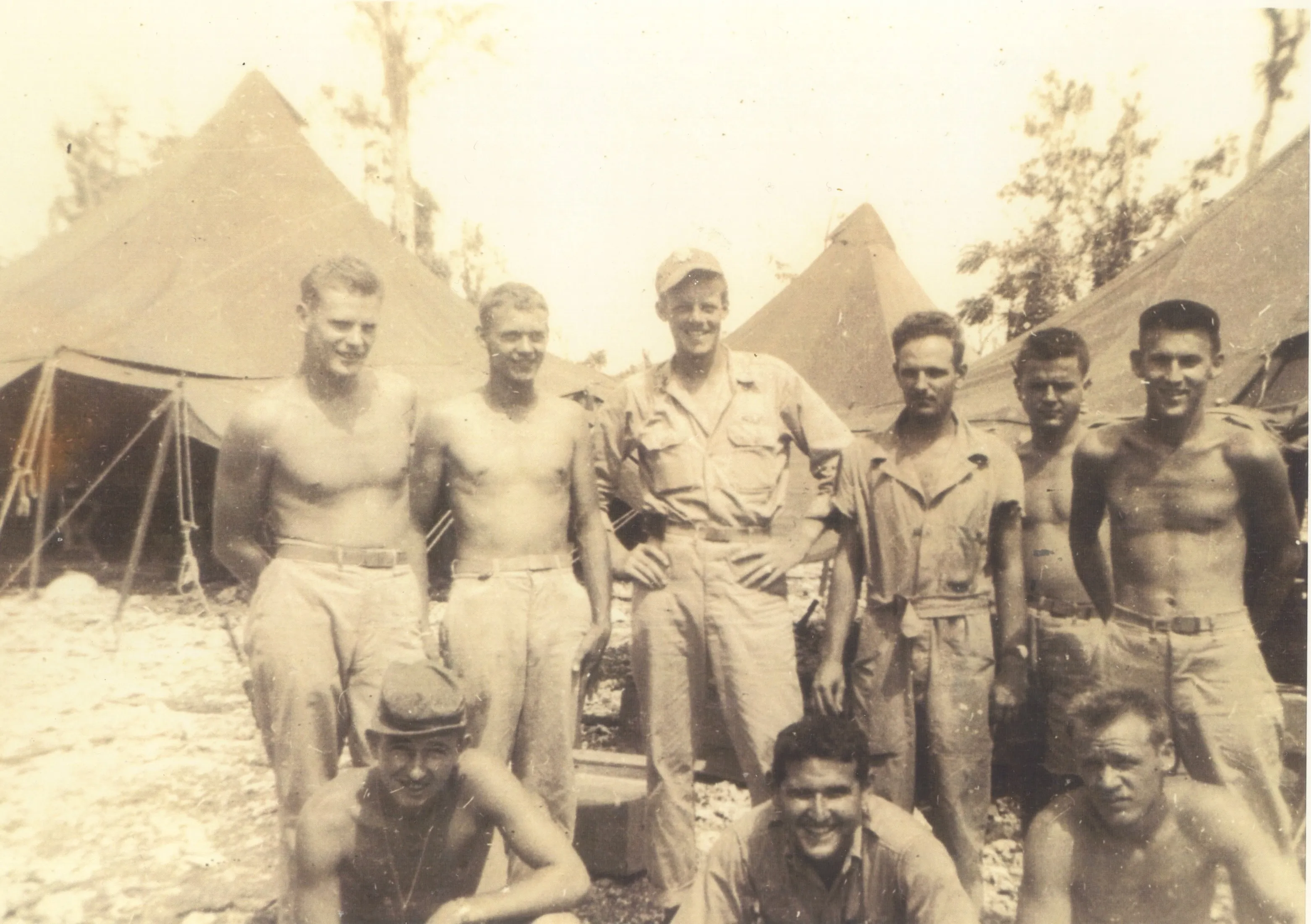 Robert Earl Wildermuth and the B-24 crew, Pacific tent camp, c. 1944–1945