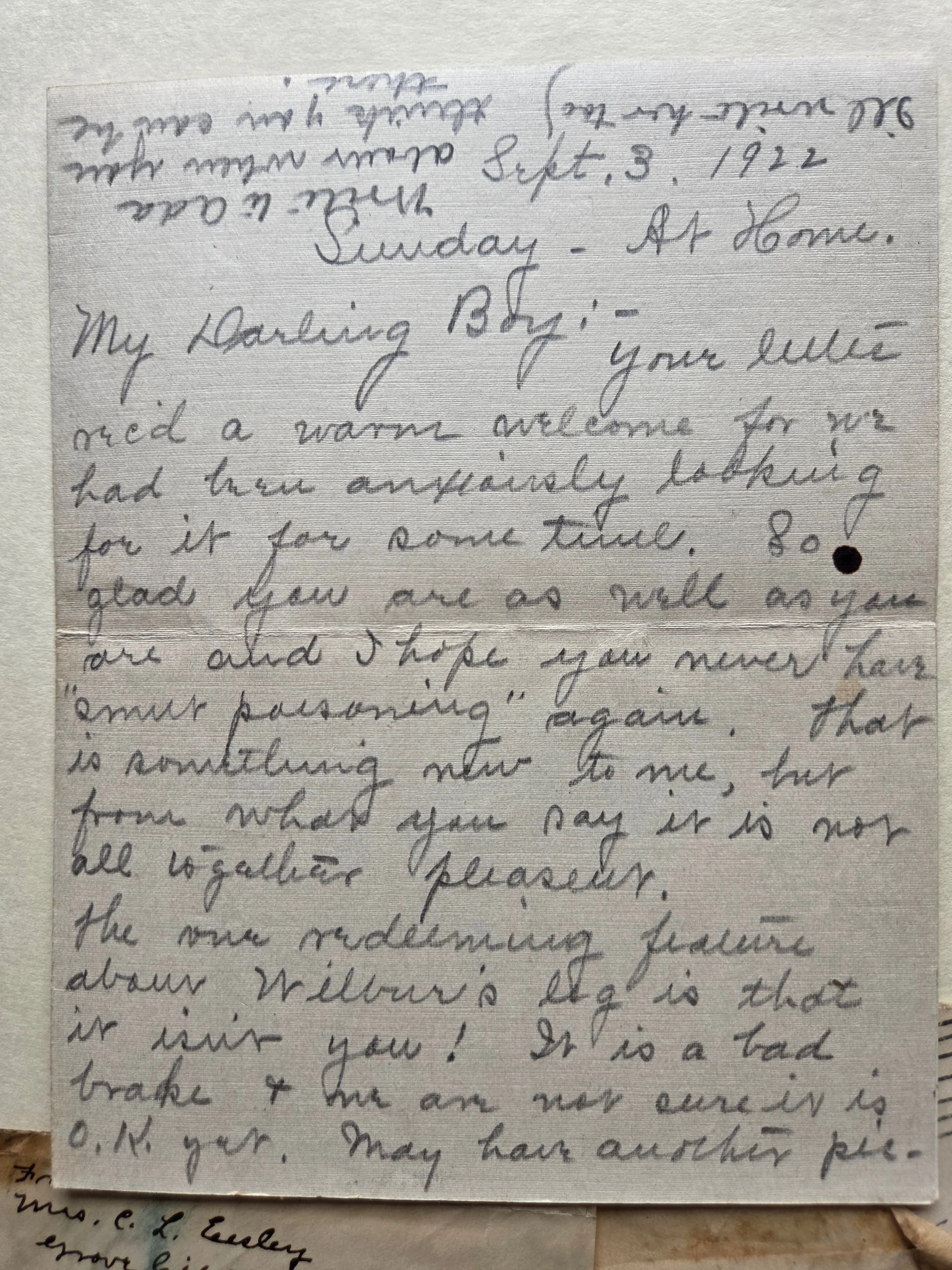 Letter from Lillie Dale to her son Len, 3 September 1922 — 'Wilbur's leg is that it isn't you' — scan 2