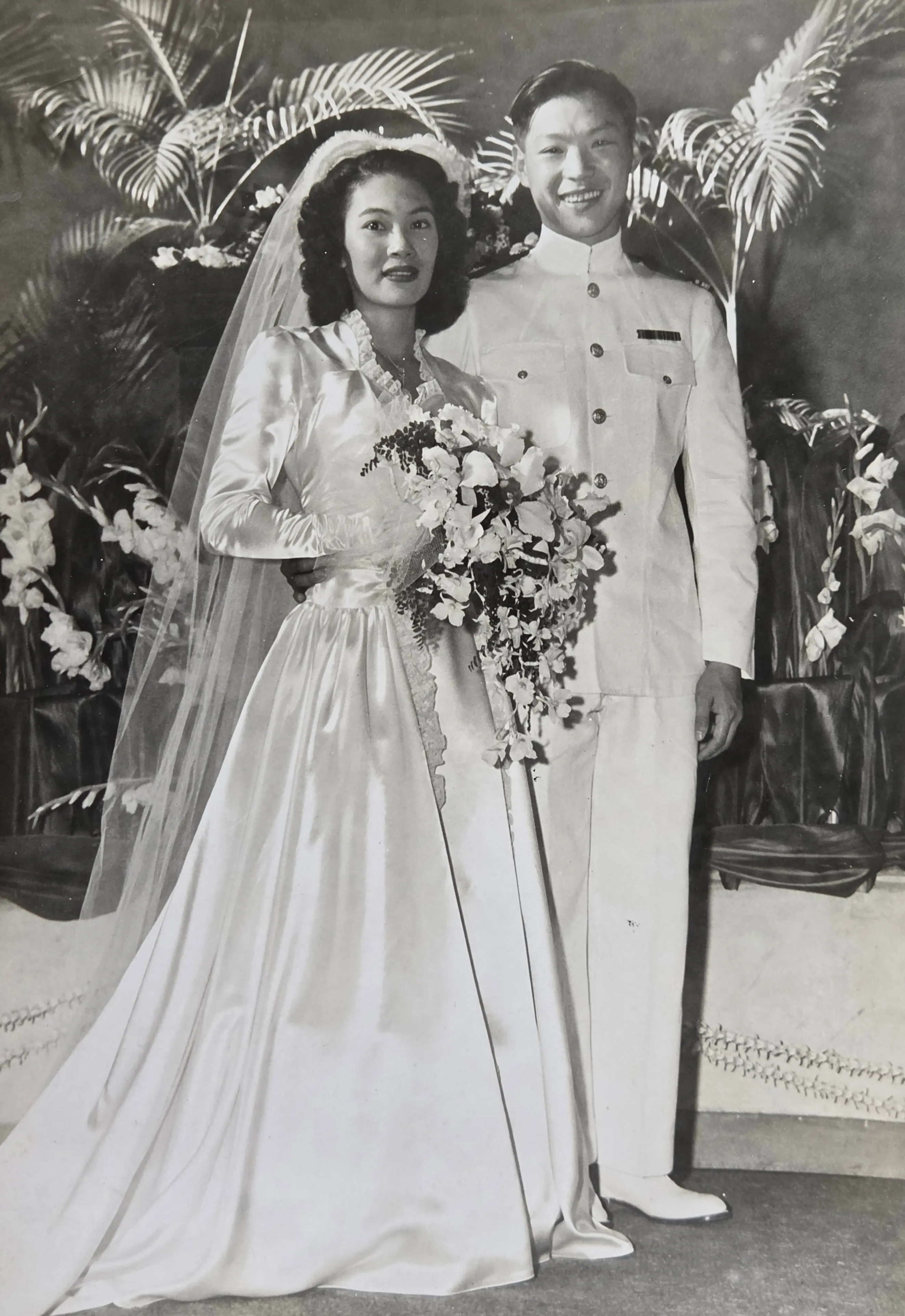 Stella Sunn (Eesley) and Ted Chong — wedding portrait, c. April 1945