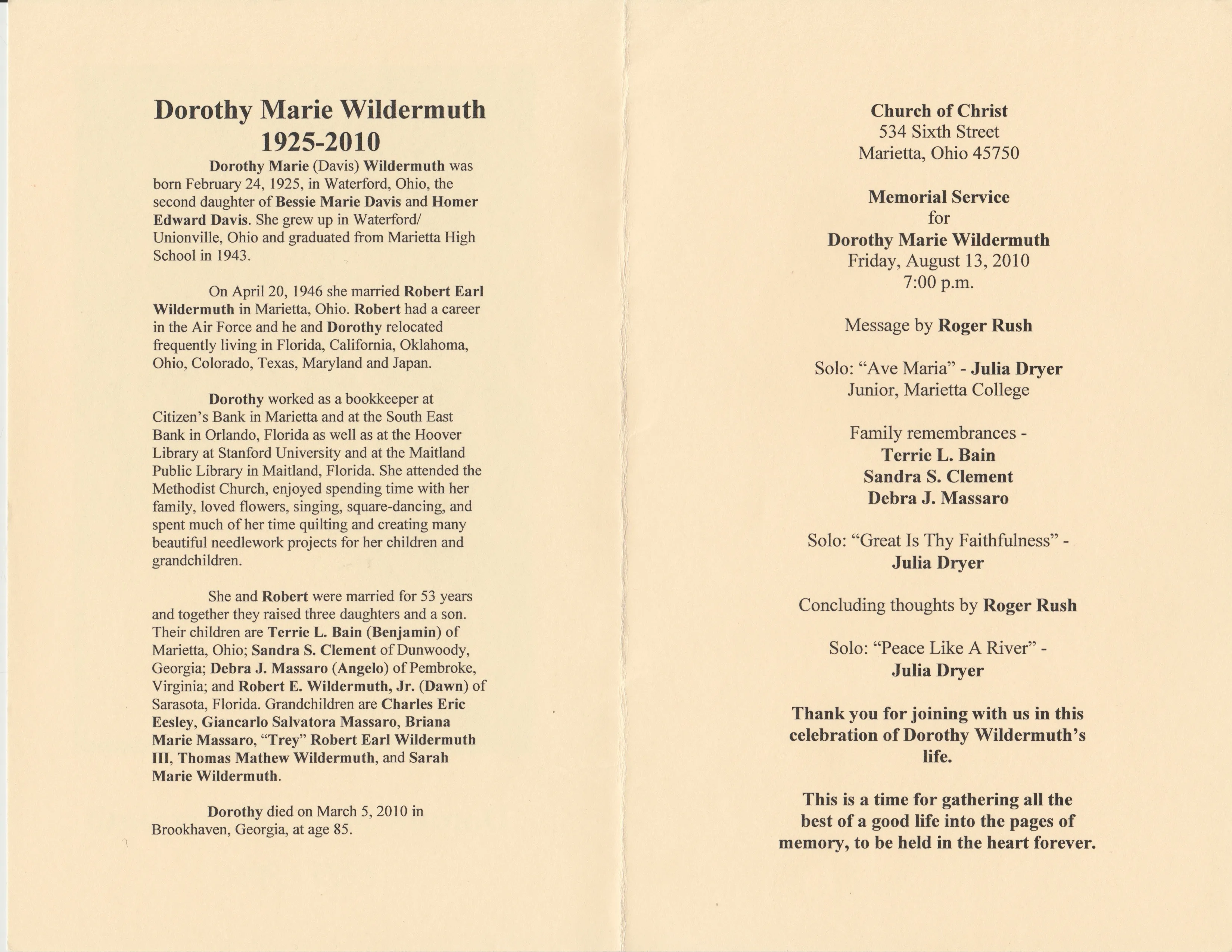 Dorothy Marie (Davis) Wildermuth — Memorial Service Program, 13 August 2010