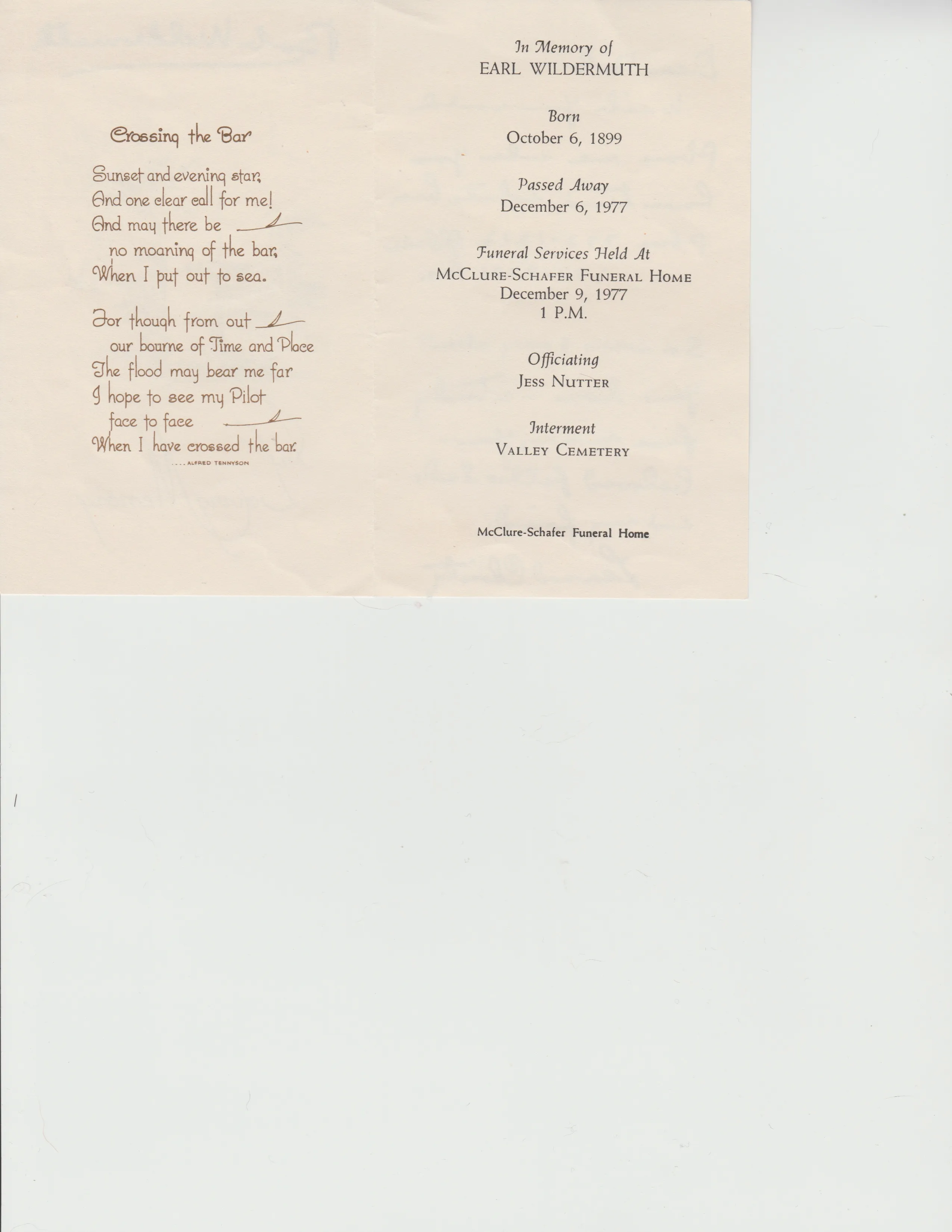 Earl Adam Wildermuth funeral card, 1977