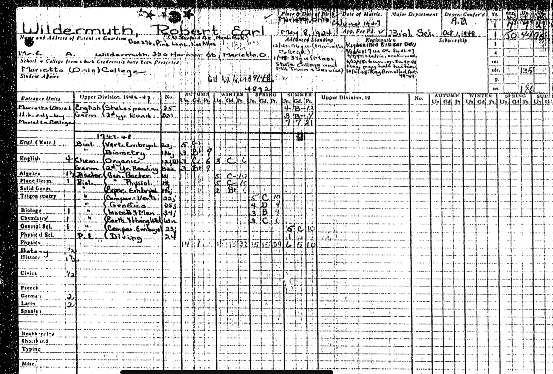 Robert Earl Wildermuth — Stanford University Registration / Transcript Card