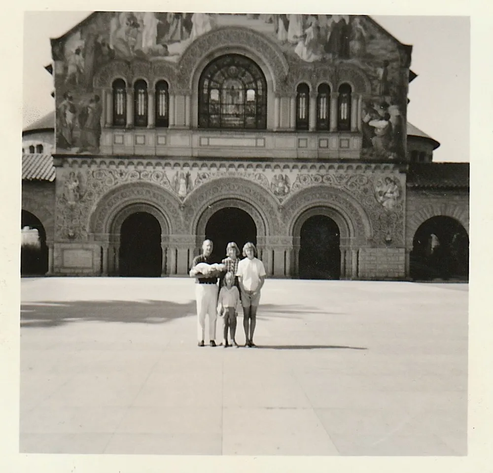 Family at the façade of Stanford Memorial Church — likely a return visit to campus after Robert Earl had moved on to the rest of his career. People not yet fully identified; tentatively Robert Earl holding the youngest Wildermuth child (Uncle Rob as a toddler), Dottie, Terrie Lee, and one other child. Chuck to confirm.