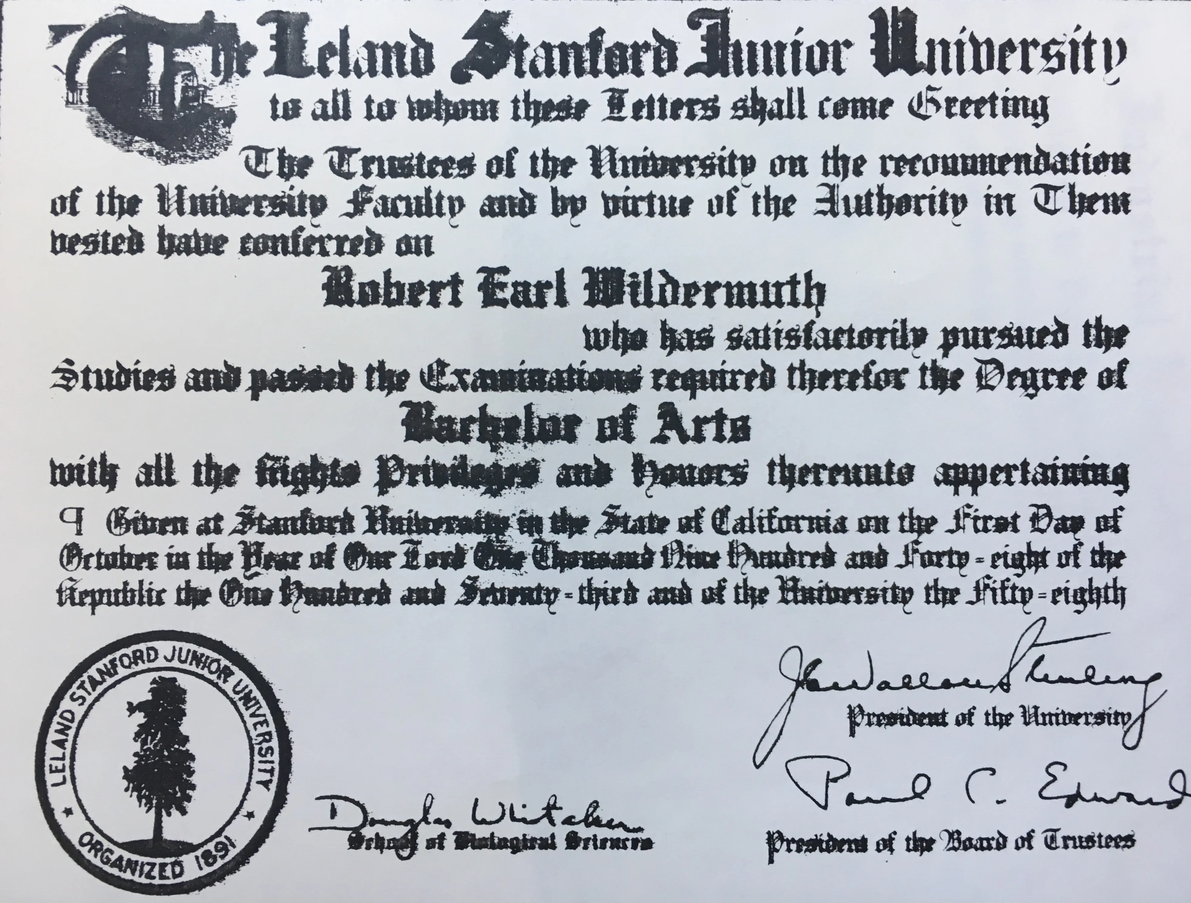 Robert Earl Wildermuth — Stanford Bachelor of Arts diploma, 1 October 1948