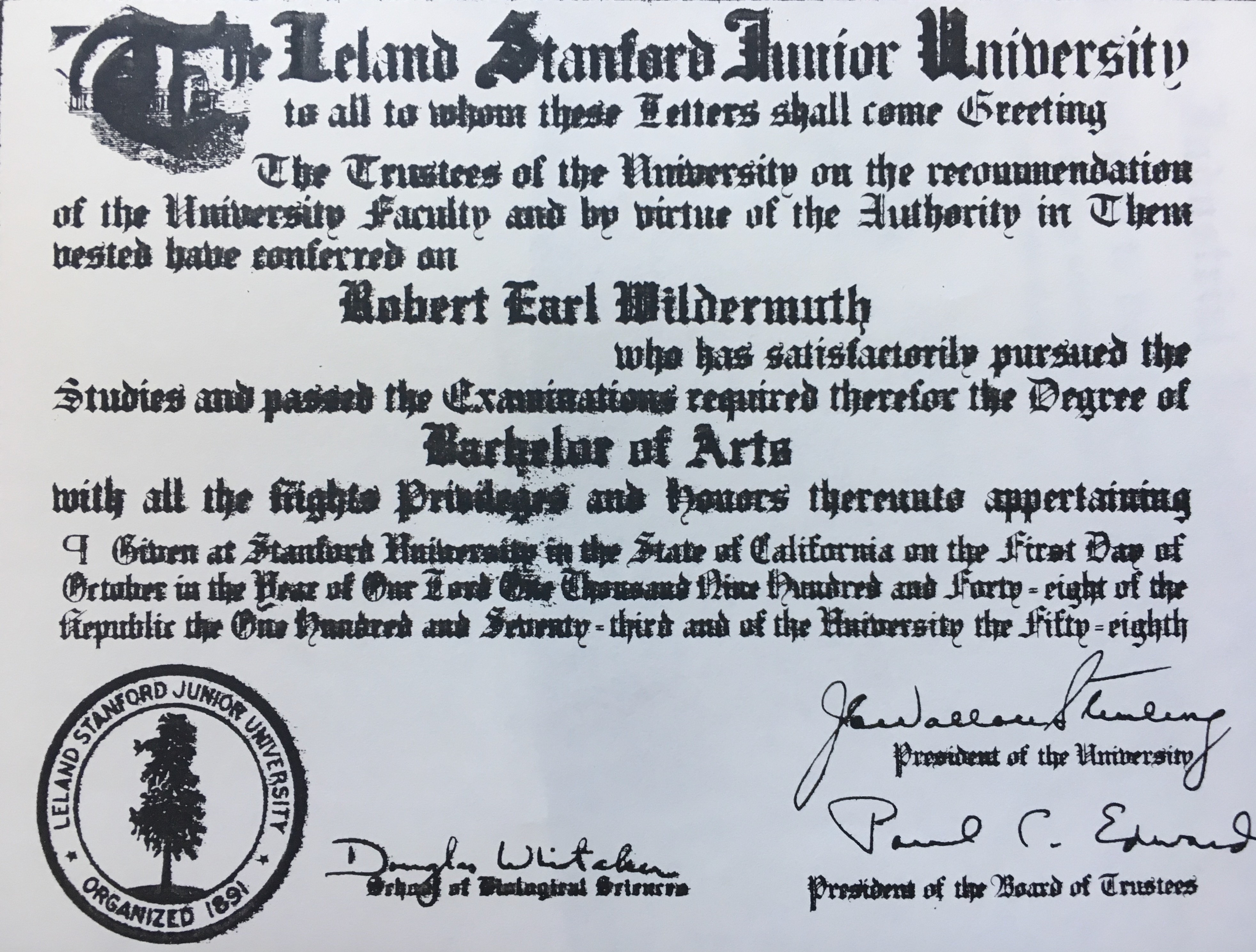 Robert Earl Wildermuth — Stanford Bachelor of Arts diploma, 1 October 1948