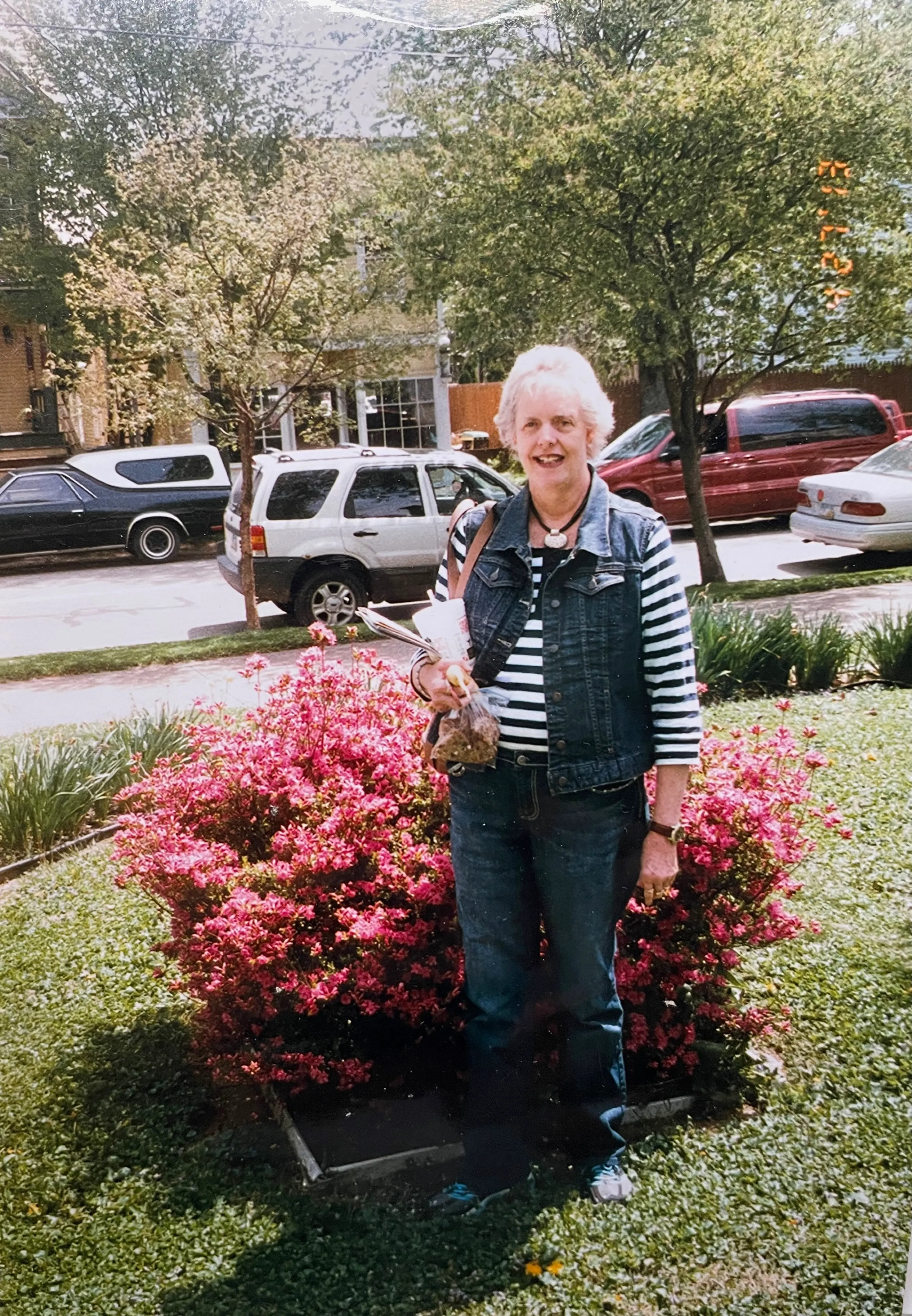 Terrie in the front garden — a later year