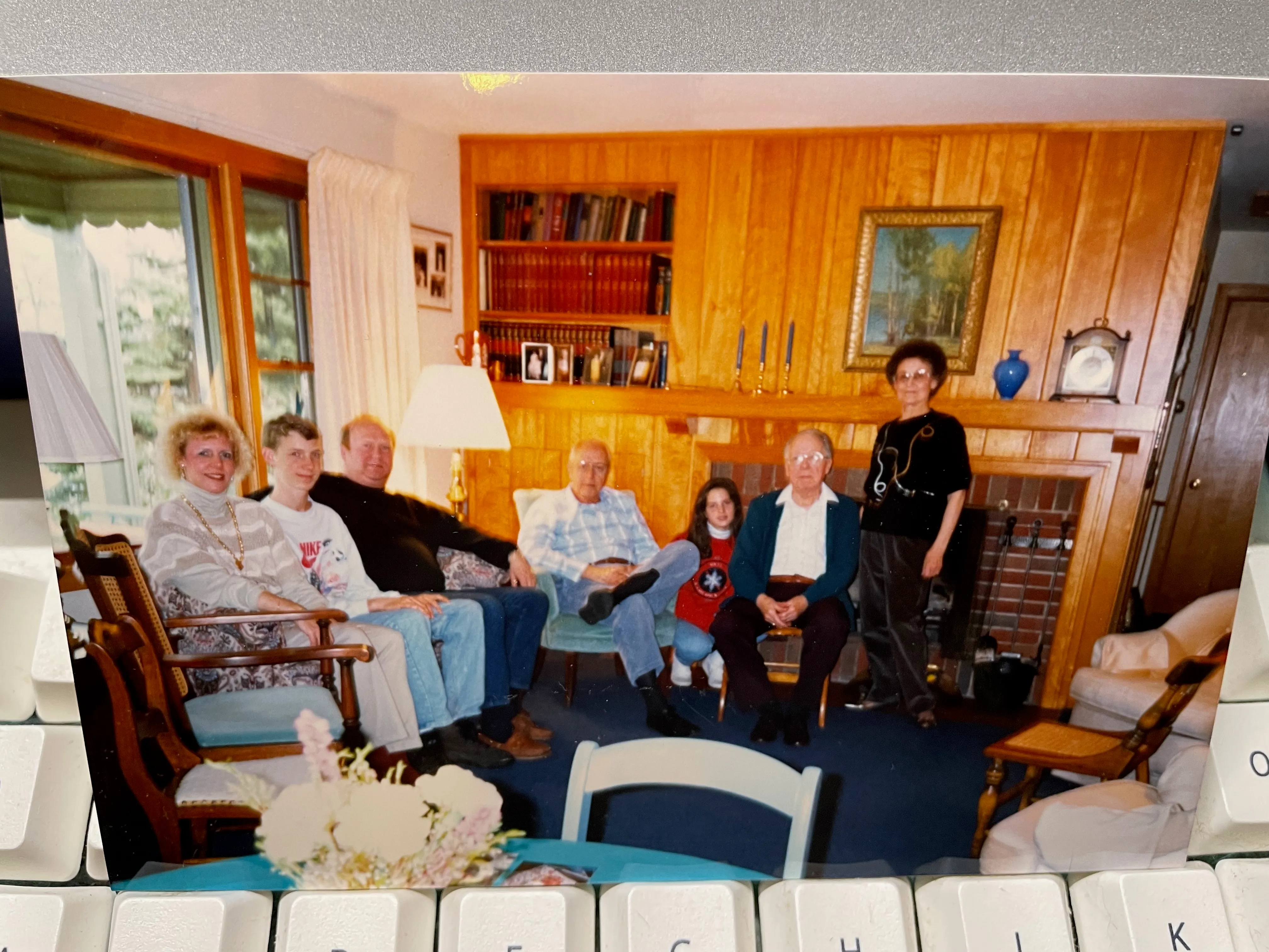 Family group in the living room at 108 Hillcrest Drive, Betty and Norm Wolfe's house (cast queued)