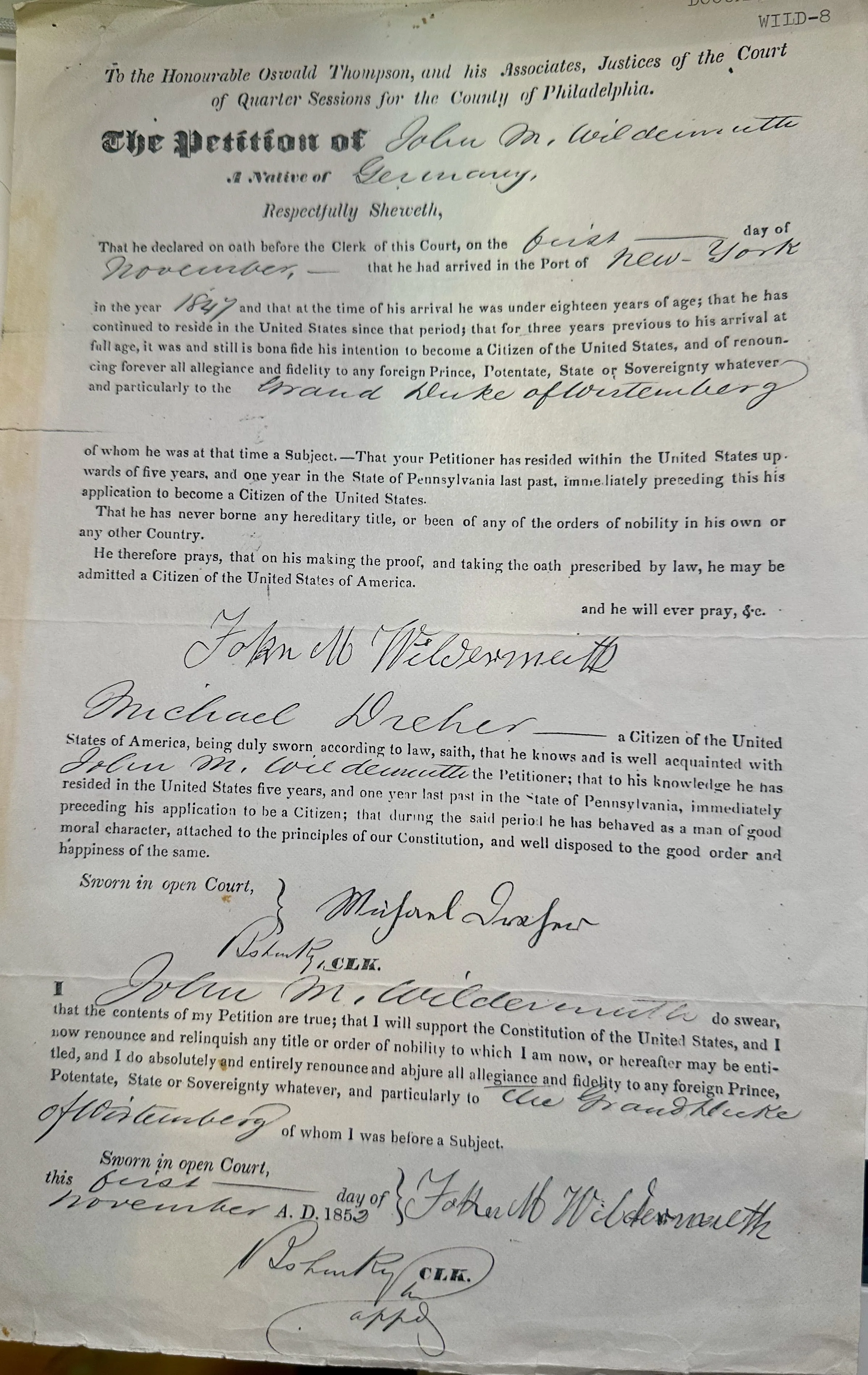 Johann Michael Wildermuth's Naturalization Petition, Philadelphia, 1 November 1853 — scan 1