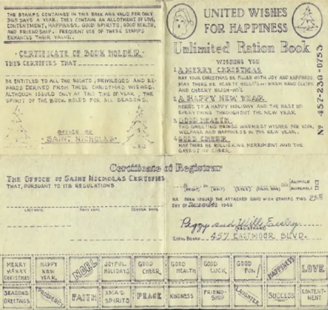 The opened card: left panel — Saint Nicholas certificate; right panel — wishing stamps and registrar's signature.