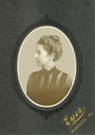 Alice Anderson as a young woman — cabinet card by the Eyer studio of McDonald, Pennsylvania, late 1880s / early 1890s. Profile portrait in an oval mount, her hair swept up, a lace collar at the throat.