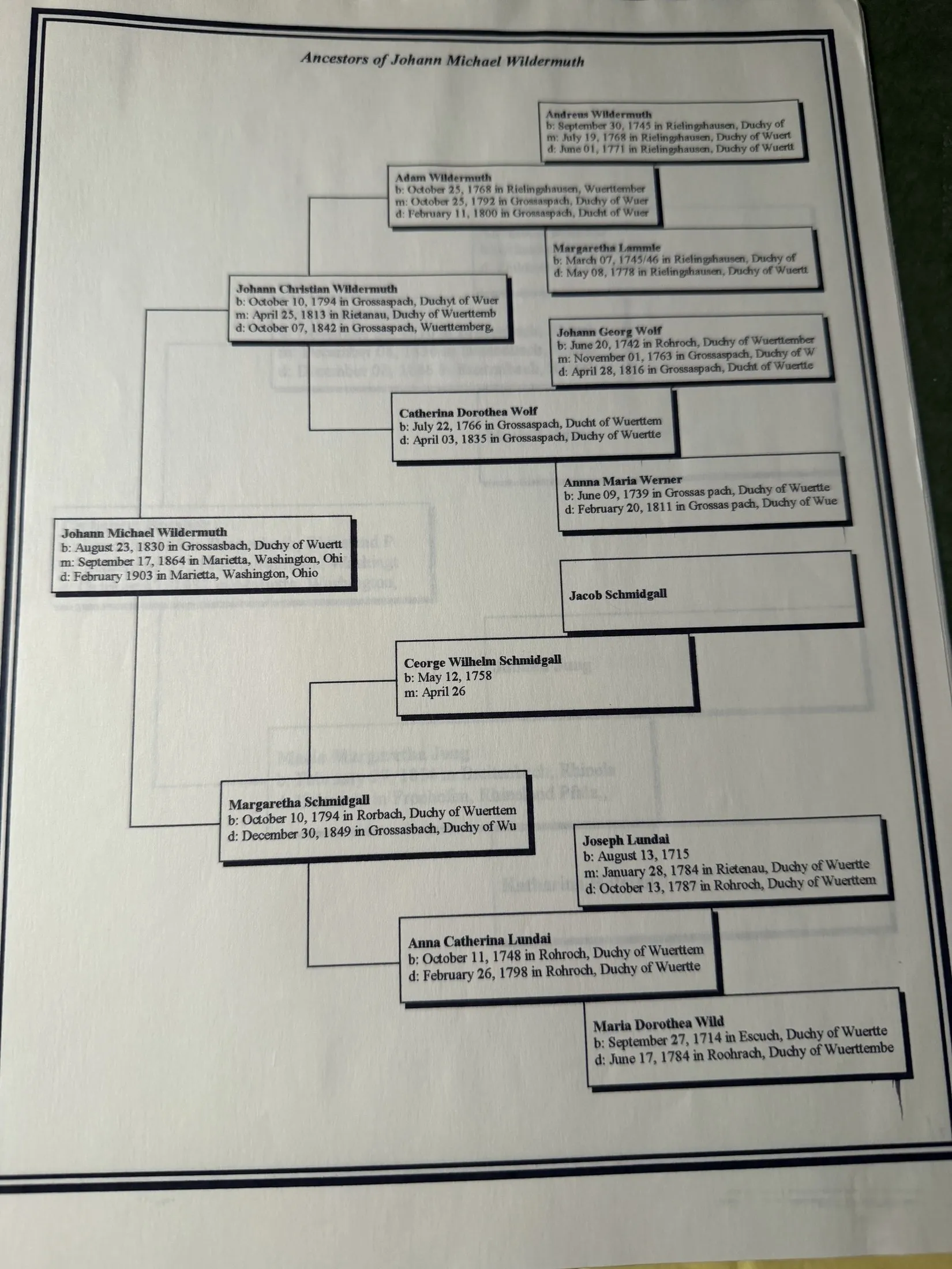 Fourteen ancestor charts — Robert Earl Wildermuth's finished pedigree, printed