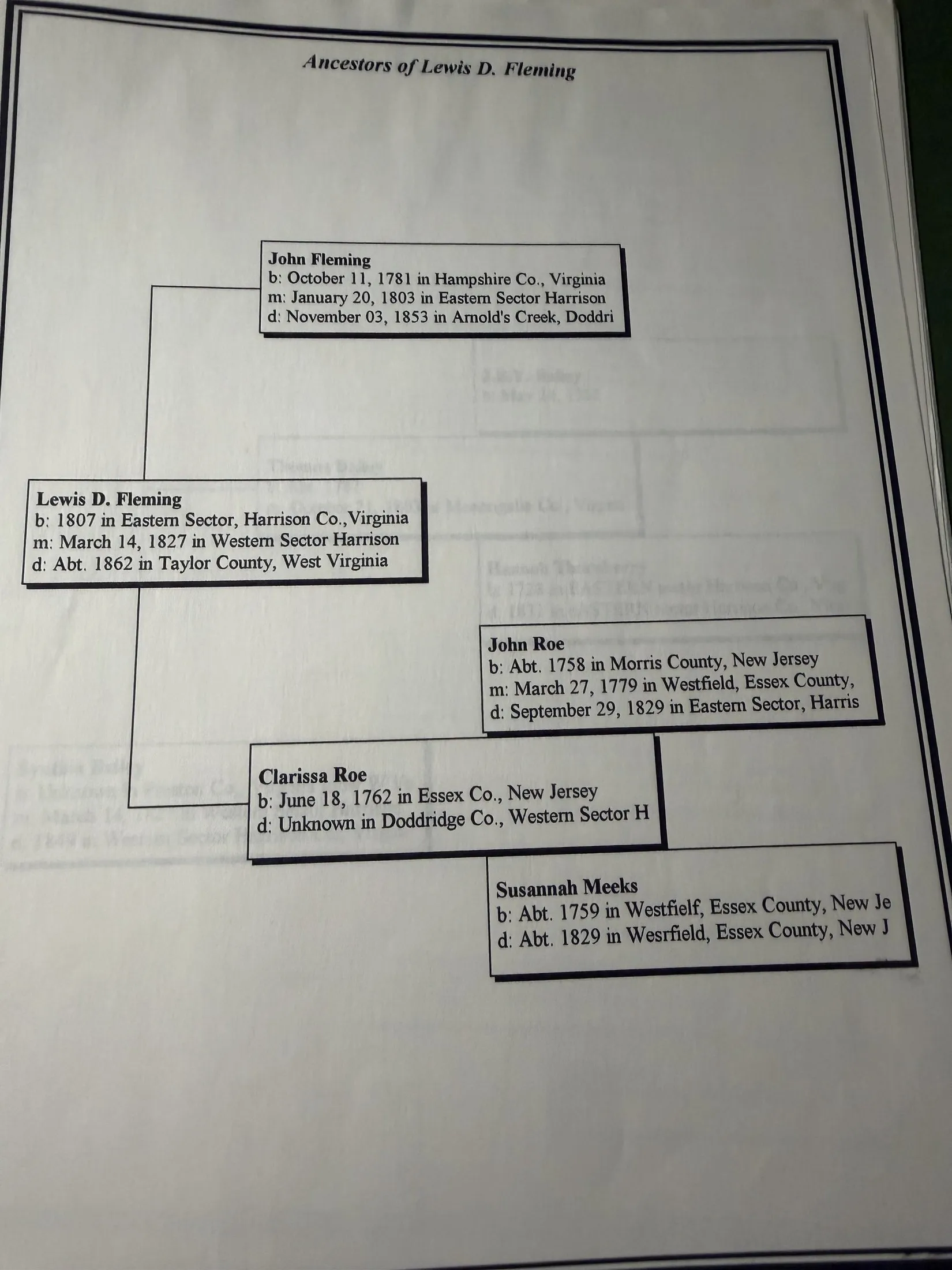 A printed pedigree chart headed Ancestors of Lewis D. Fleming, giving his birth in 1807 in the Eastern Sector of Harrison County, his marriage in 1827 and death about 1862 in Taylor County, with his parents John Fleming and Clarissa Roe and the Roe and Meeks families of New Jersey behind them.