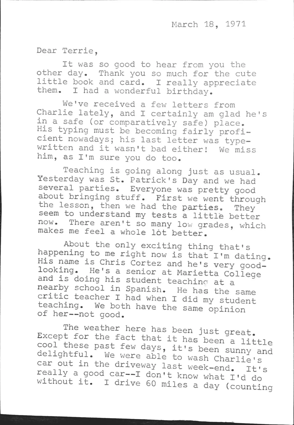 Letter from Anne Eesley to Terrie, 18 March 1971 — teaching, dating, and plans for Spain — scan 1