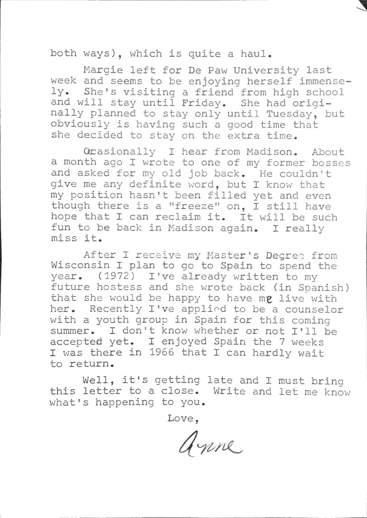 Letter from Anne Eesley to Terrie, 18 March 1971 — teaching, dating, and plans for Spain — scan 2