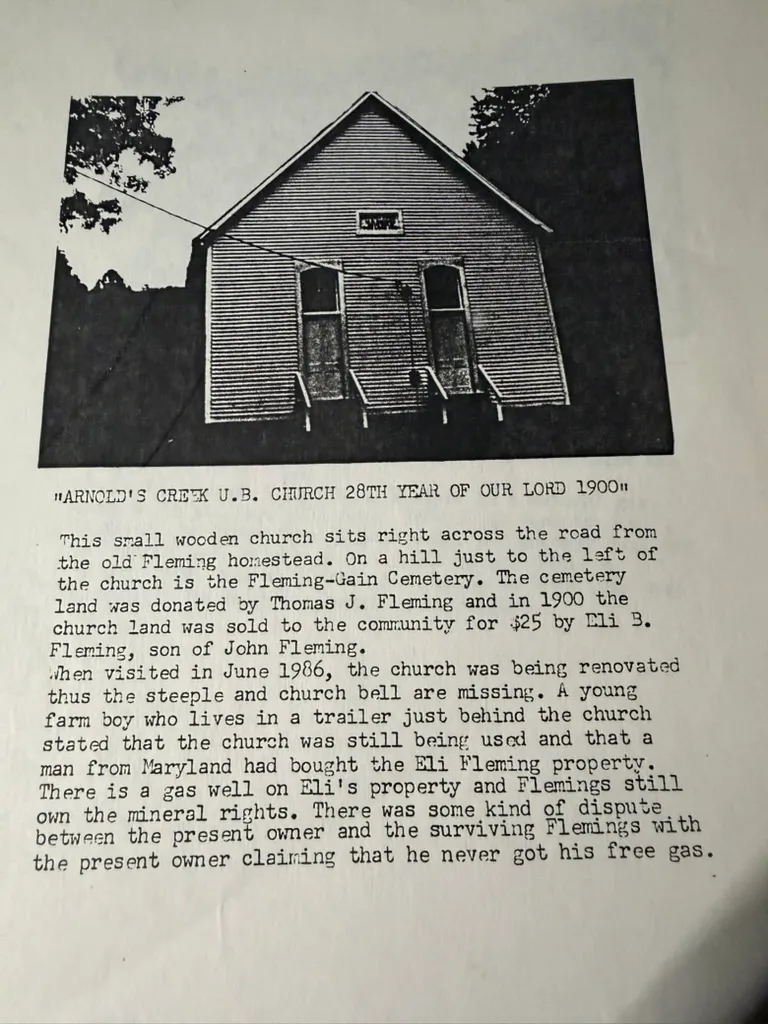 Arnold's Creek, June 1986 — the church, the cemetery, and the Fleming farm