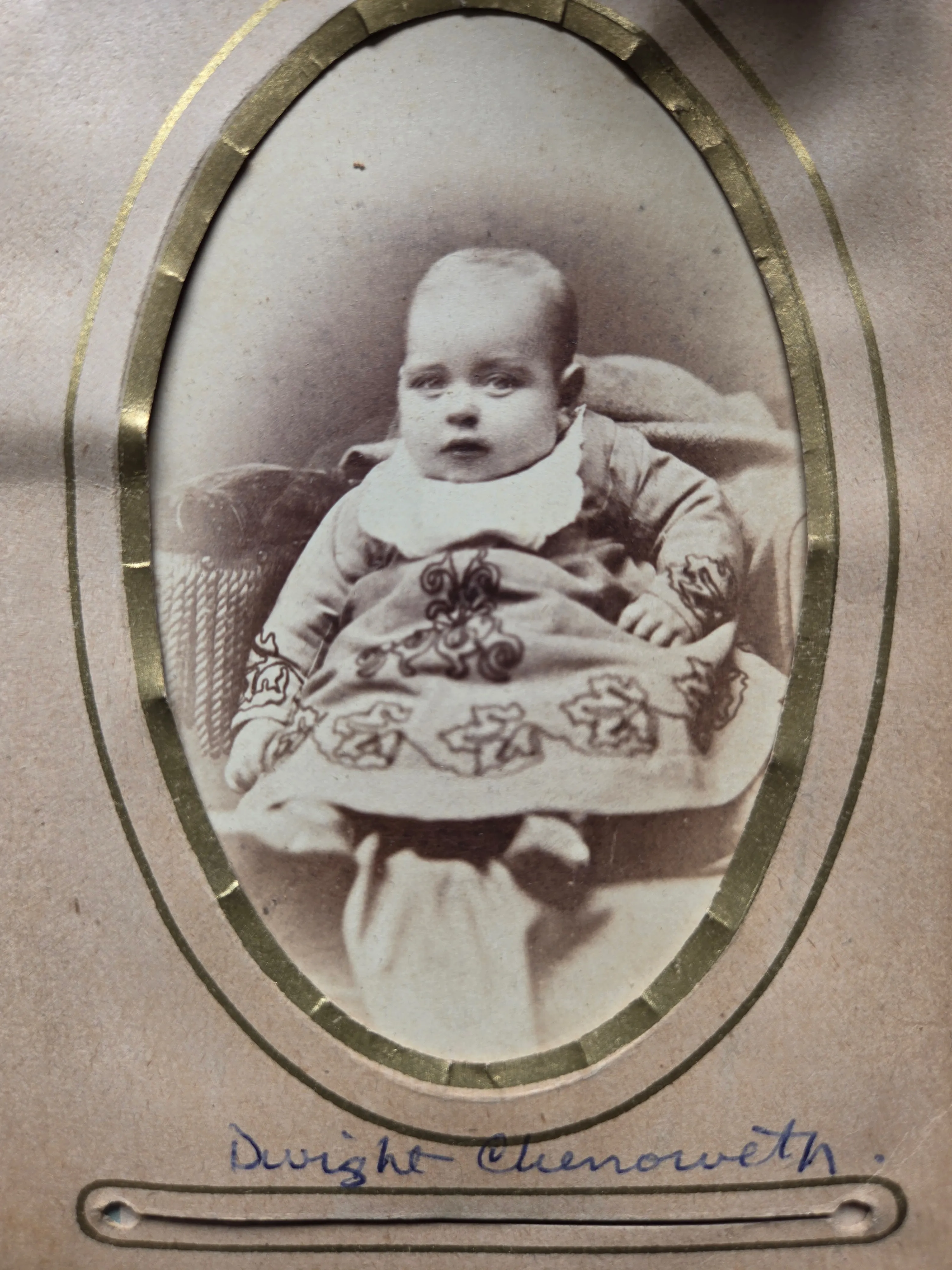Baby Dwight Kennedy Chenoweth, c. 1880, in the embroidered christening gown Roberta Burnes Walker still has. From Roberta's Chenoweth family album.