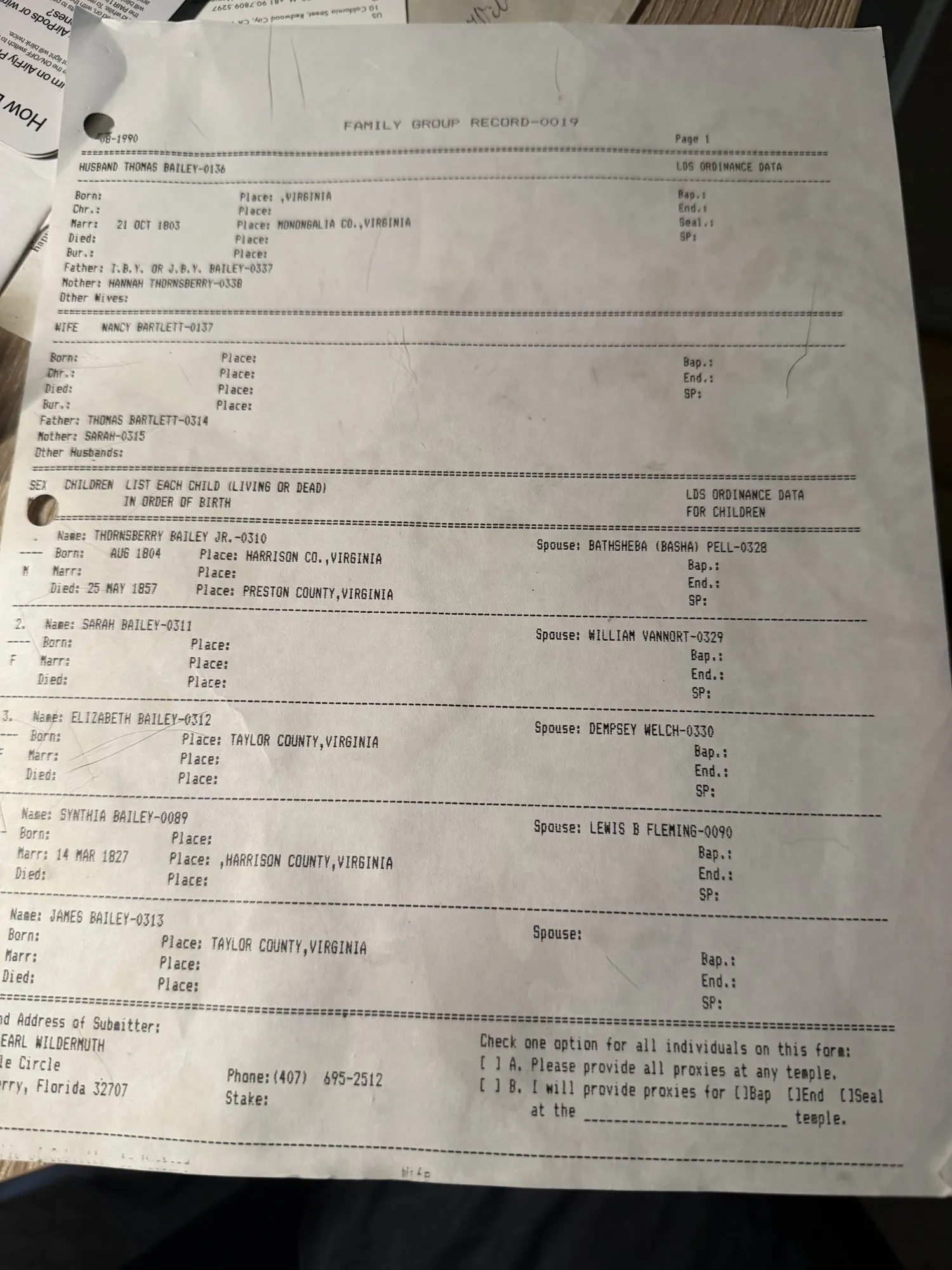Bailey Family Group Record — Robert Earl Wildermuth's research, c. 1990