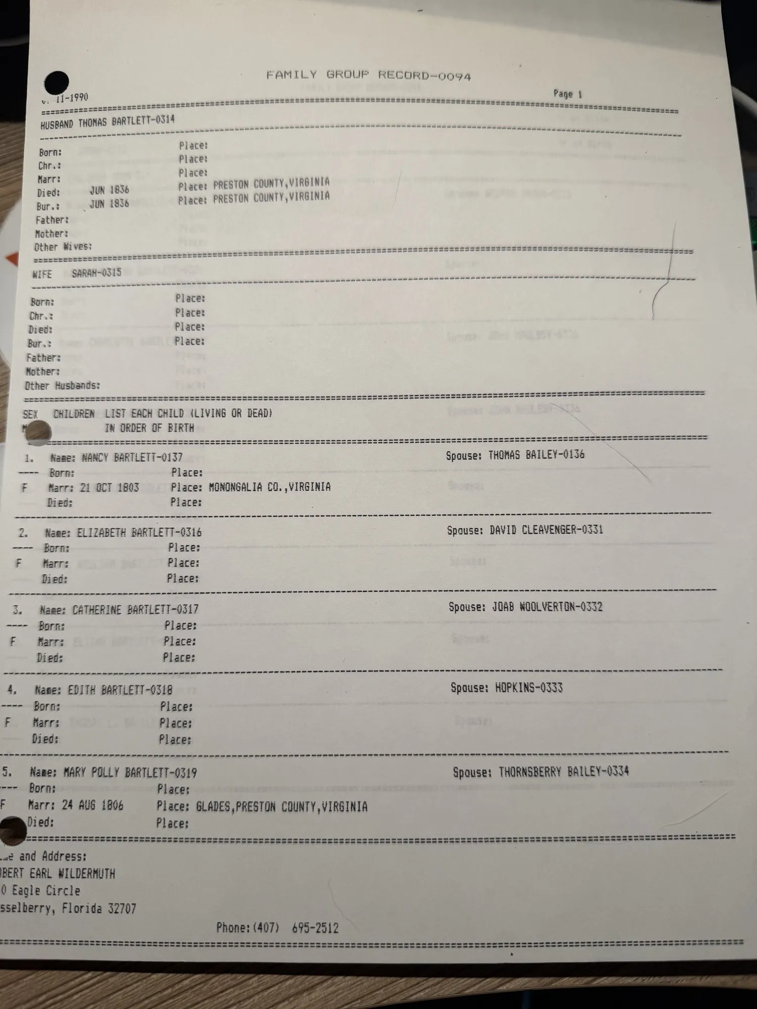 Bartlett Family Group Record and sketch — Robert Earl Wildermuth's research, 1990
