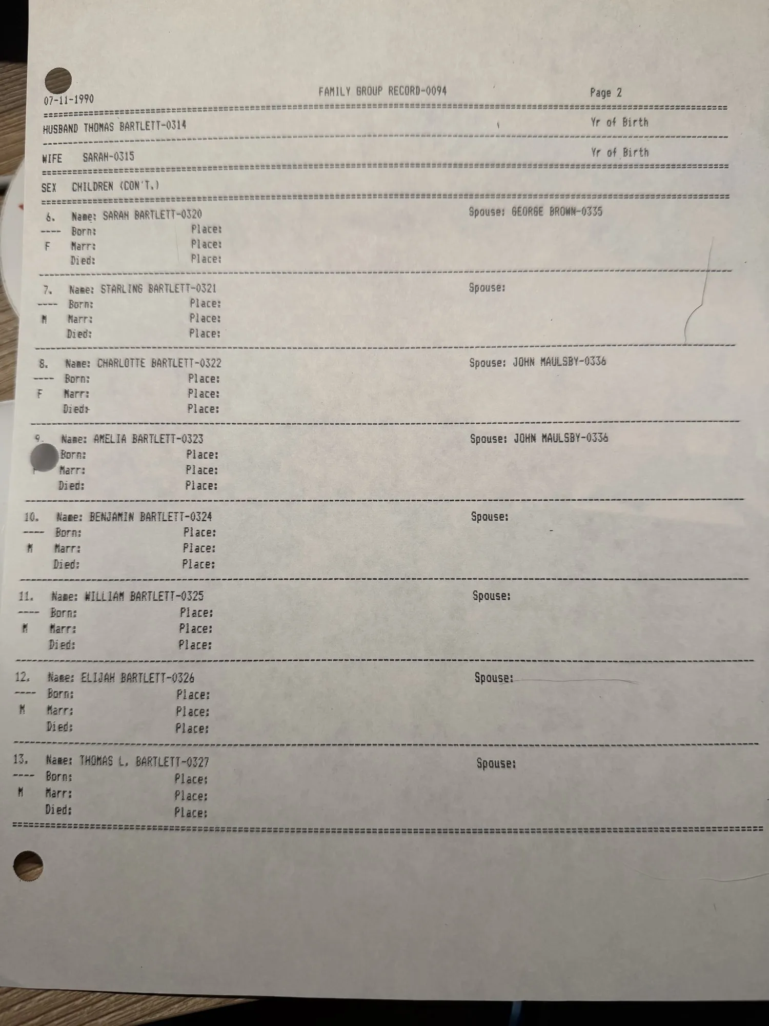 Page two of LDS Family Group Record 0094, listing children six through thirteen of Thomas Bartlett and Sarah, with spouses George Brown, John Maulsby (twice), and blanks for Starling, Benjamin, William, Elijah and Thomas L.