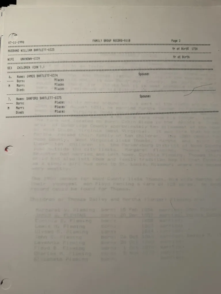 Page two of LDS Family Group Record 0118: the header repeats HUSBAND WILLIAM BARTLETT-0325, Yr of Birth 1720, and WIFE UNKNOWN-0339 with the year-of-birth field blank; children six and seven are James Bartlett-0374 and Sanford Bartlett-0375, with all fields empty.