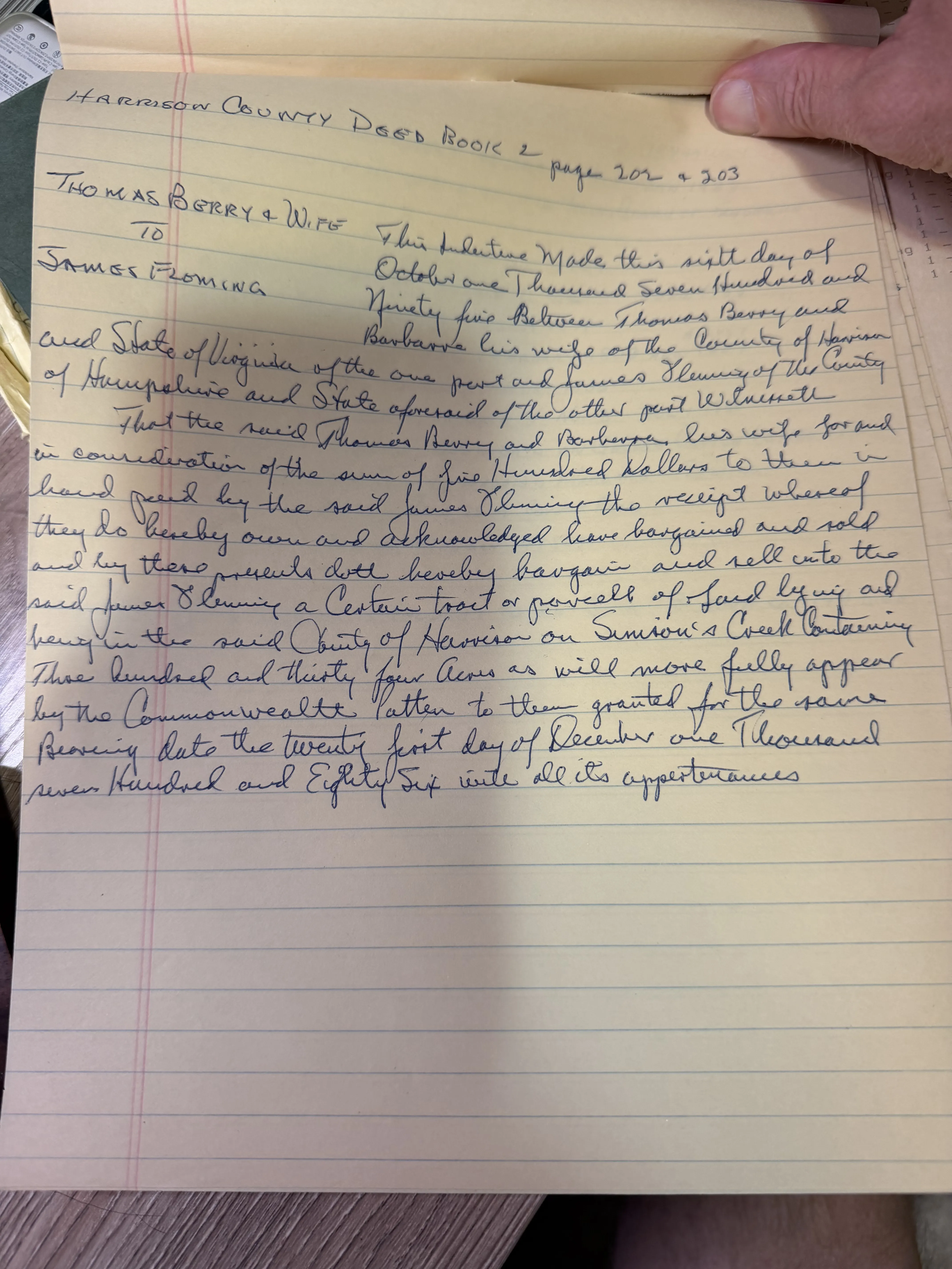 1795: James Fleming of Hampshire County buys 334 acres on Simpson's Creek