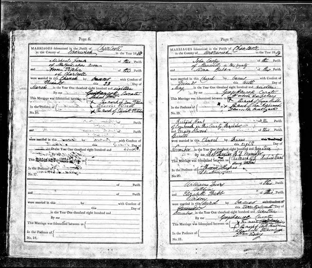 The Charlecote, Warwickshire, marriage register open to the 1818–1819 entries — the parish where John Eesley married Susannah Bubb on 10 May 1819.