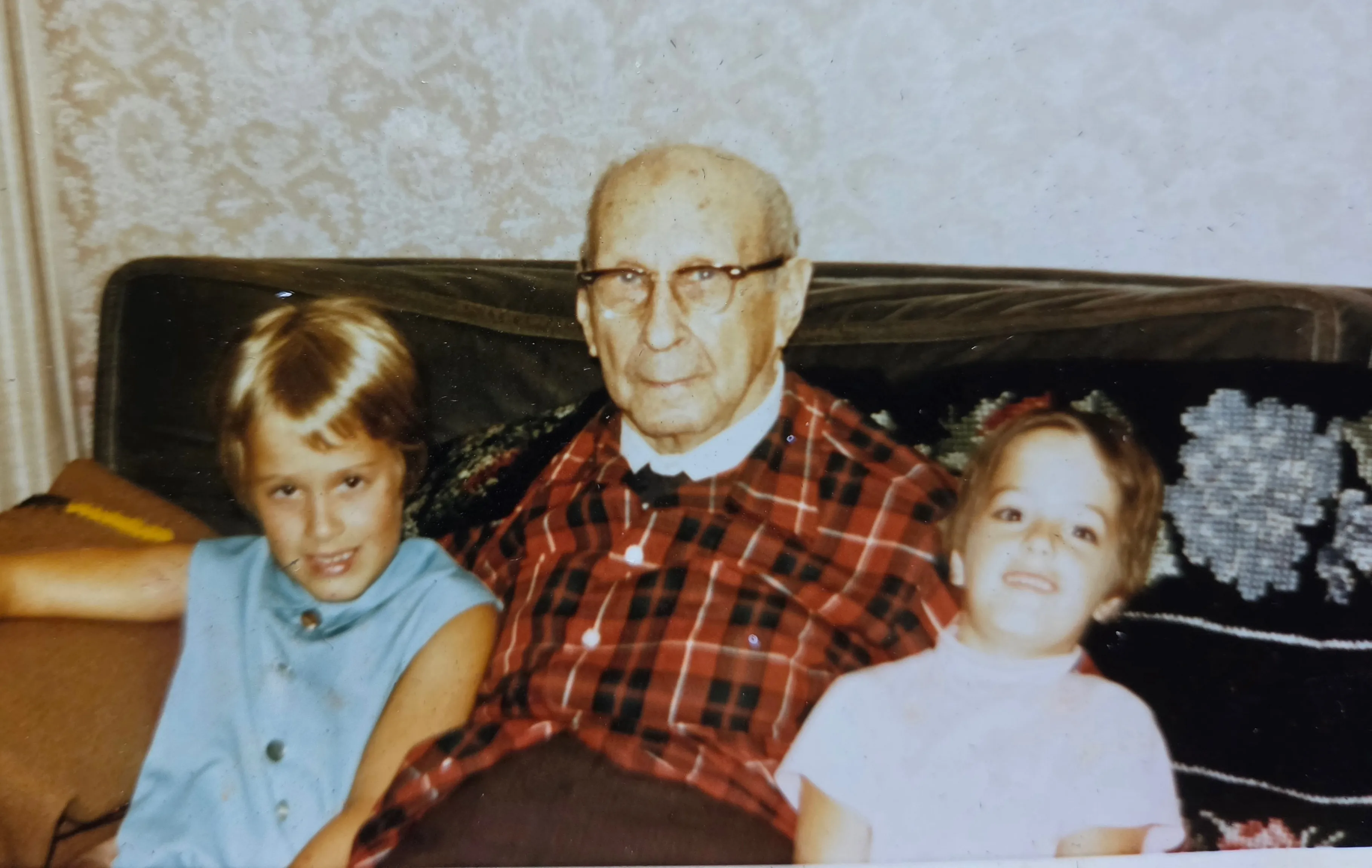 Charles Leonard Eesley in his last years — with cousin Stephanie Kamiab (right) and another young family member, c. 1970-1972. From Roberta Burnes Walker's family album.