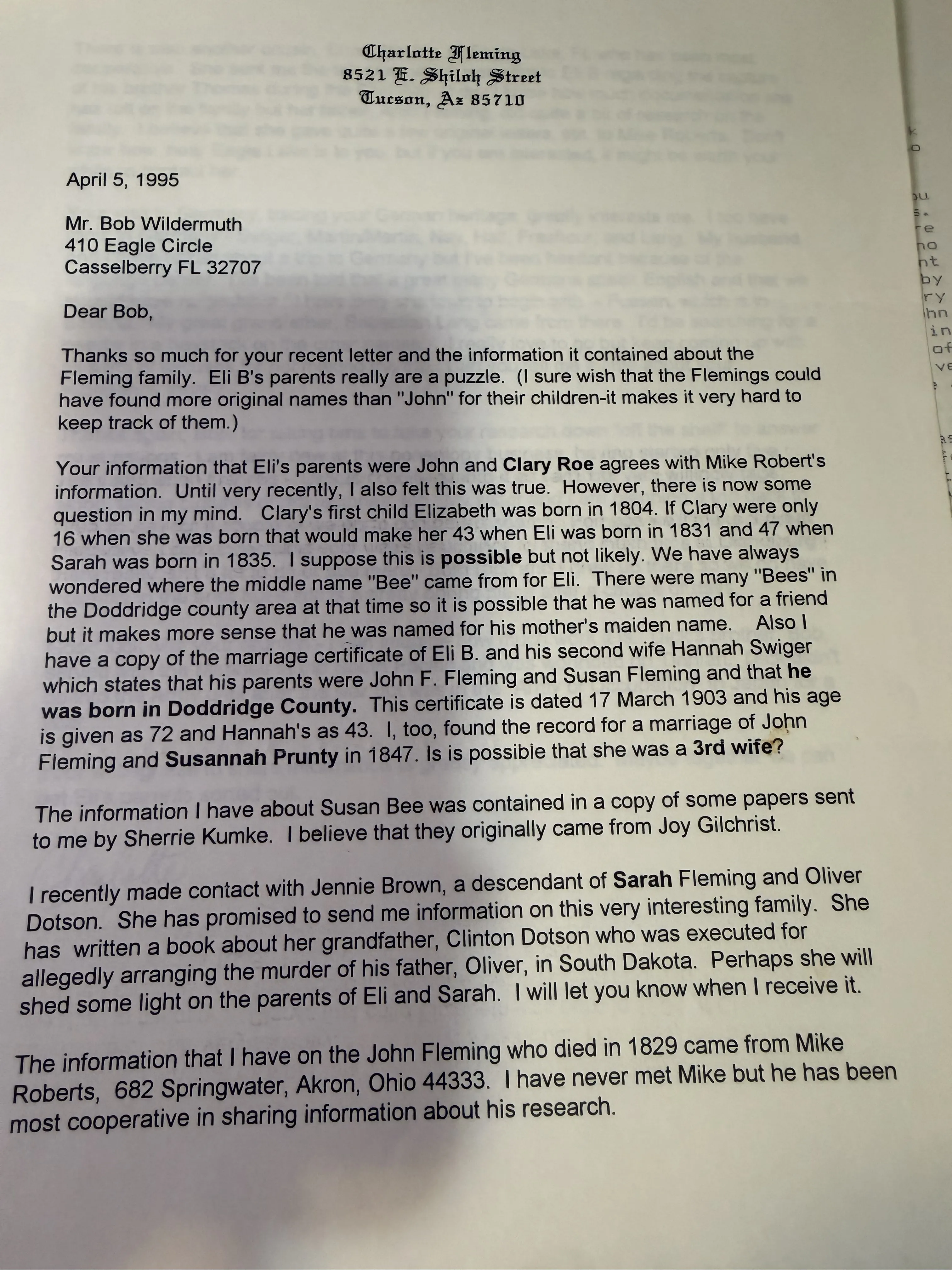 Charlotte Fleming of Tucson — the 1995 correspondence, and the puzzle of Eli's mother