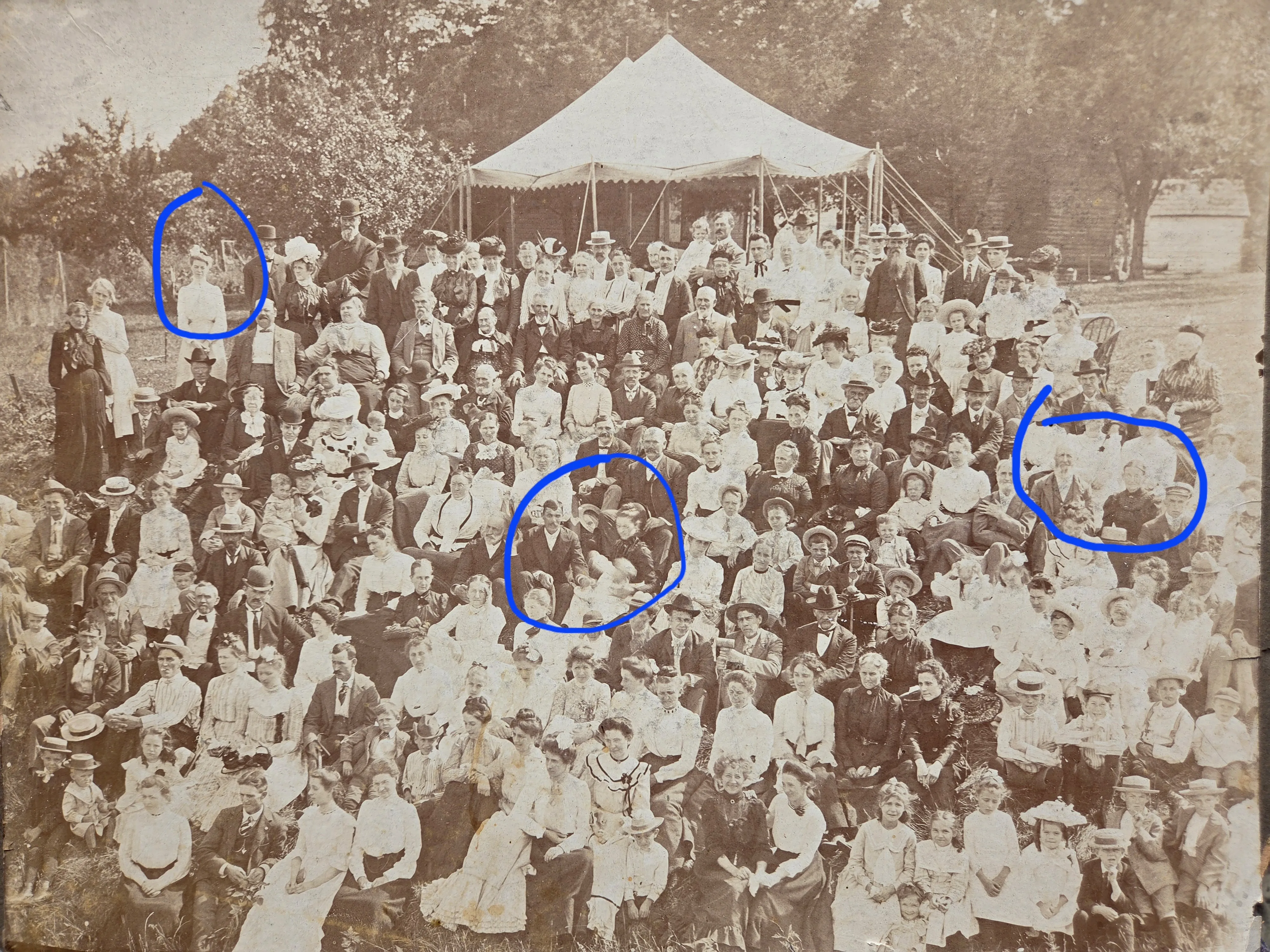 Chenoweth family reunion, c. 1901-02, labeled by Roberta Burnes June 2026: Lilly Dale Chenoweth Eesley circled upper left; Elsie Chenoweth Borror, husband Jonas Borror, and toddler (likely Eugene Borror) circled center; Joseph Hill Chenoweth and Mary Ohio Timmons Chenoweth circled right.