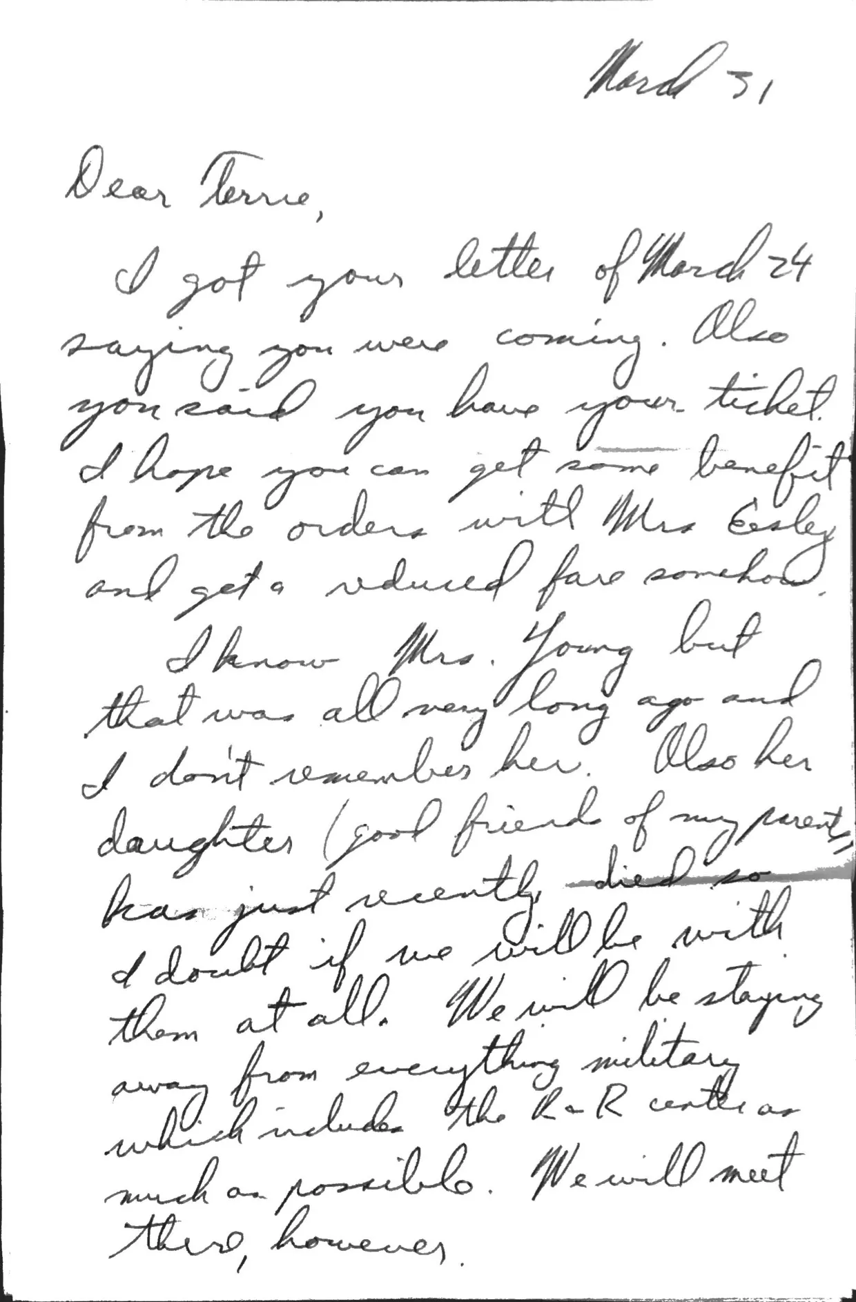 Letter to Terrie, 31 March 1971 — Hawaii R&R planning, two months out — scan 1