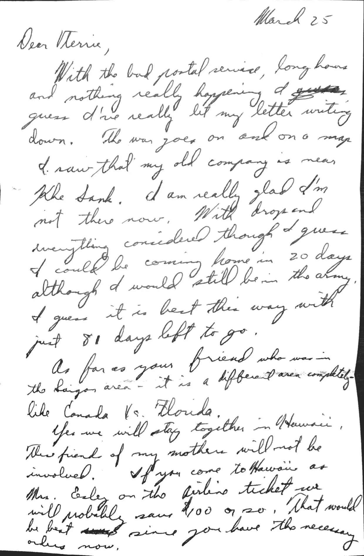 Letter to Terrie, 25 March 1971 — 'my old company is near Khe Sanh' — scan 1