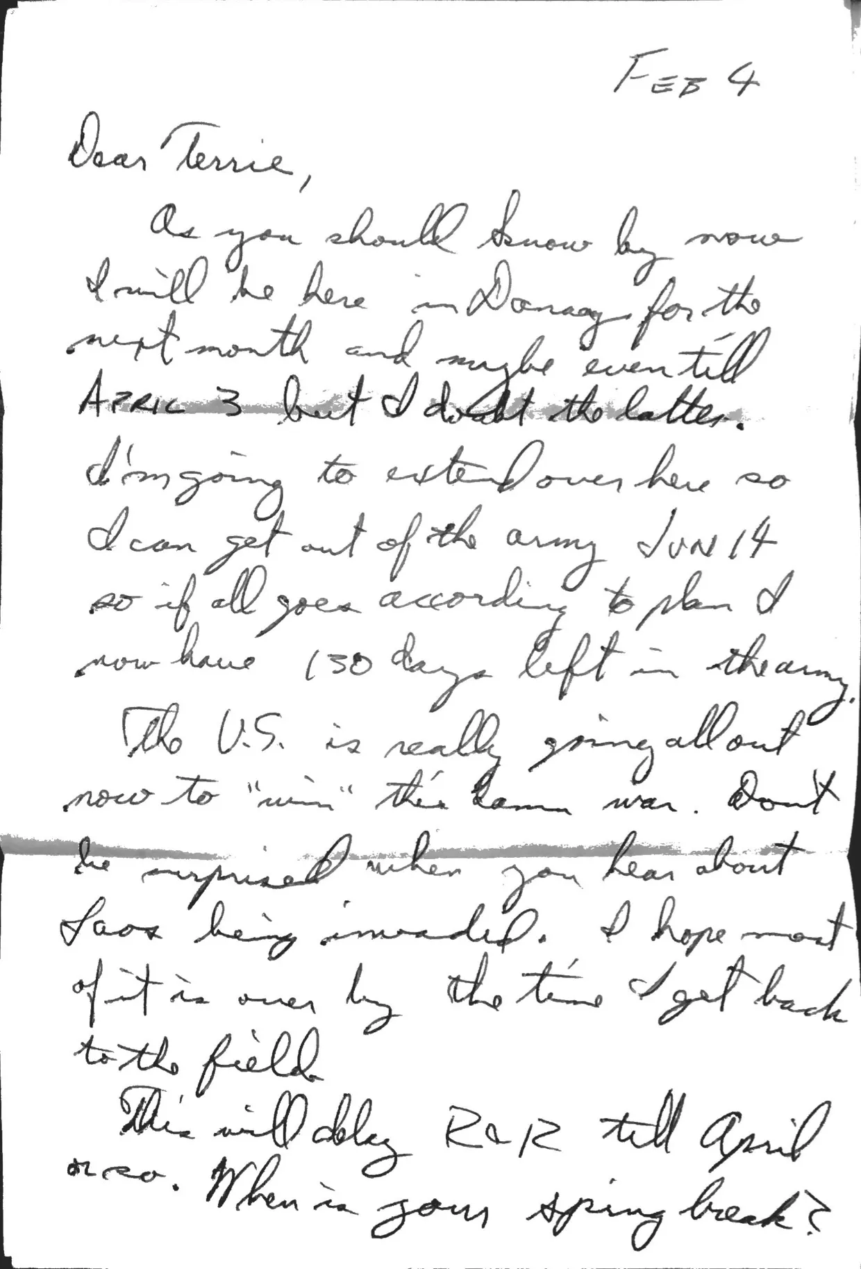 Letter to Terrie, 4 February 1971 — 'Don't be surprised when you hear about Laos being invaded' — scan 1