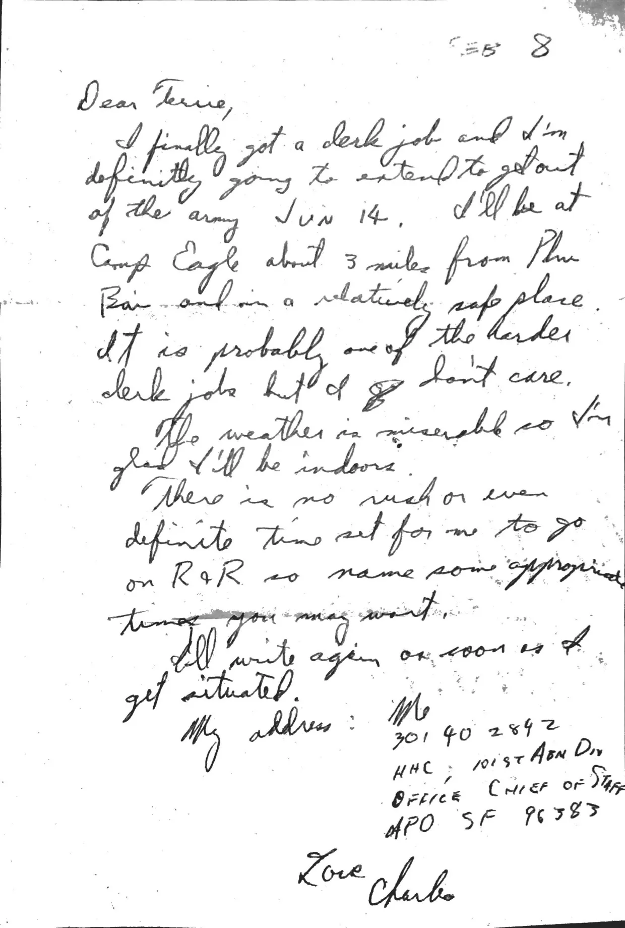 Letter to Terrie, 8 February 1971 — 'I finally got a clerk job' — scan 1