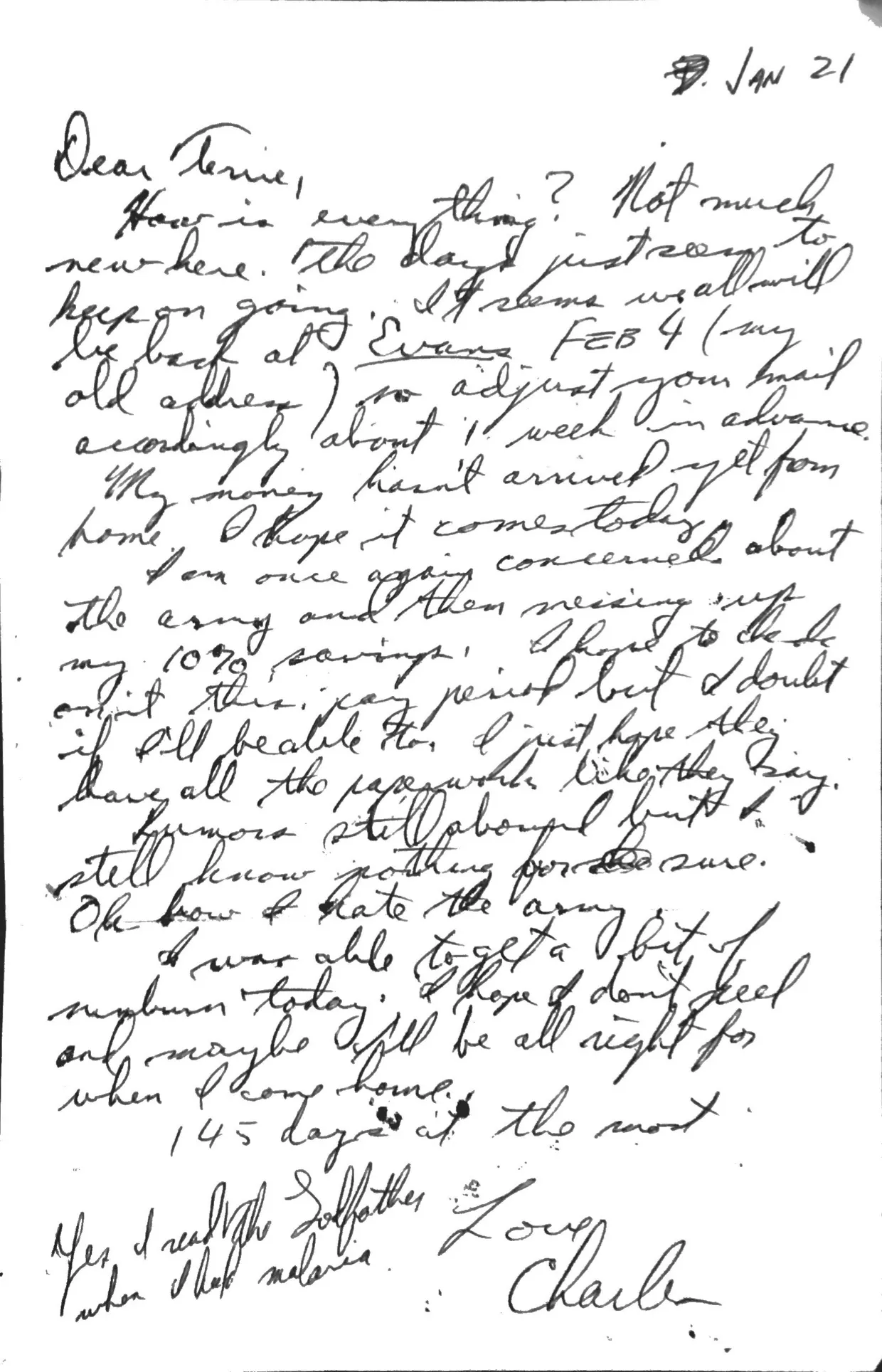 Letter to Terrie, 21 January 1971 — 'It seems we all will be back at Evans Feb 4' — scan 1