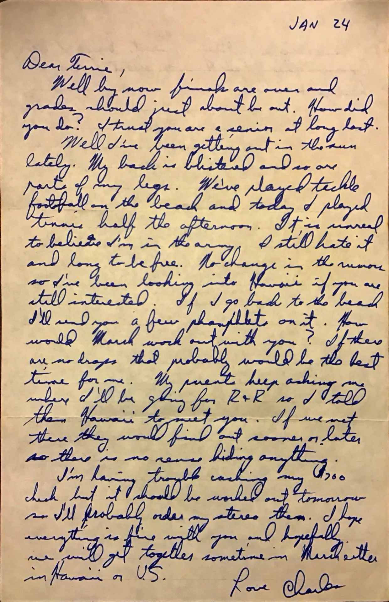 Letter to Terrie, 24 January 1971 — sunburn, finals, and planning a March reunion in Hawaii or the U.S. — scan 1