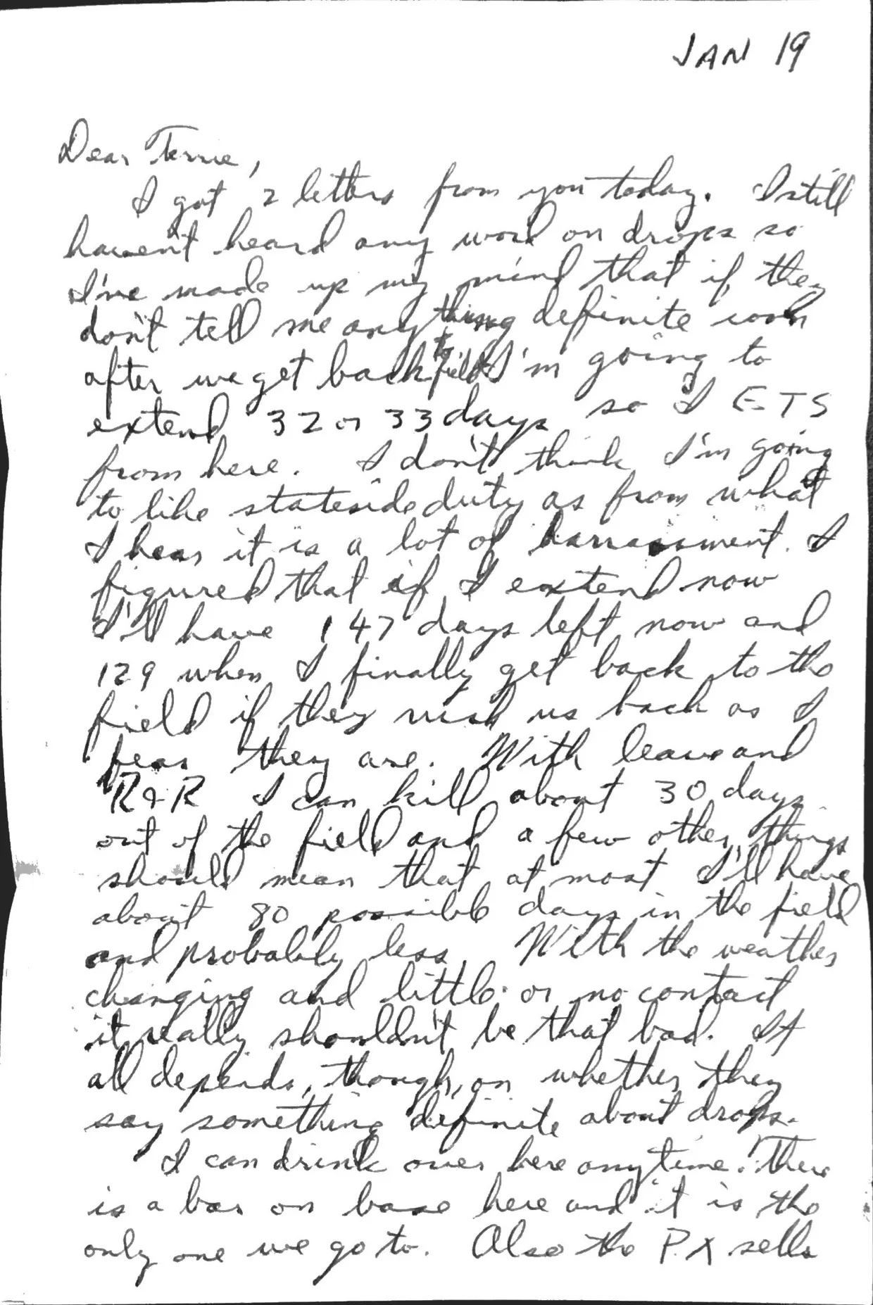 Letter to Terrie, 19 January 1971 — 'I'm going to extend 32 or 33 days so I ETS from here' — scan 1