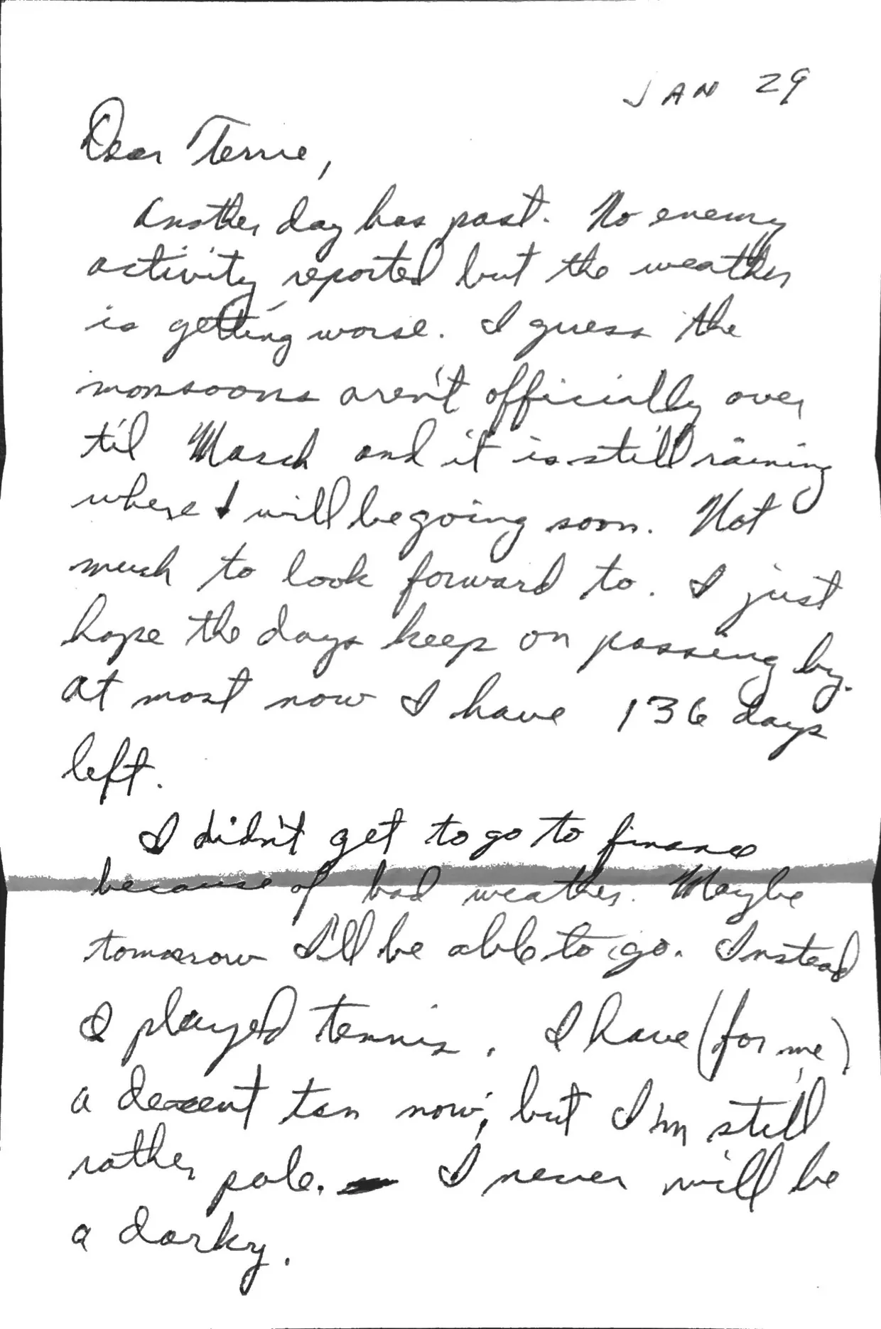 Letter to Terrie, 29 January 1971 — monsoons, 136 days, and dreading the field — scan 1