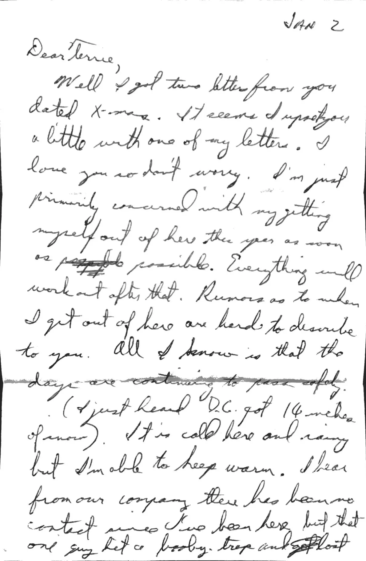 Letter to Terrie, 2 January 1971 — a booby trap, Tet rumors, and the drop — scan 1