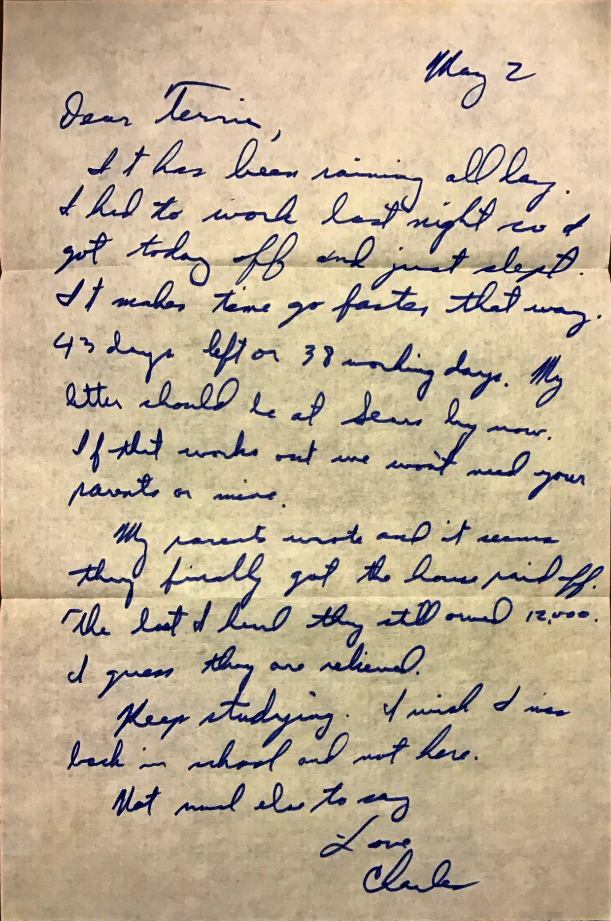 Letter to Terrie, 2 May 1971 — '43 days left, or 33 working days' — scan 1