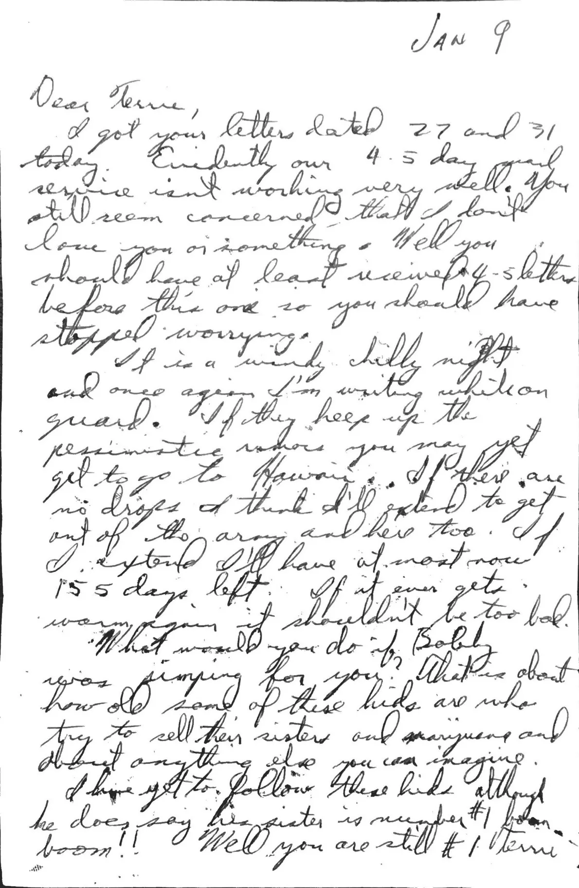 Letter to Terrie, 9 January 1971 — mail delays, the extension math, and the 'Donut Dollies' — scan 1