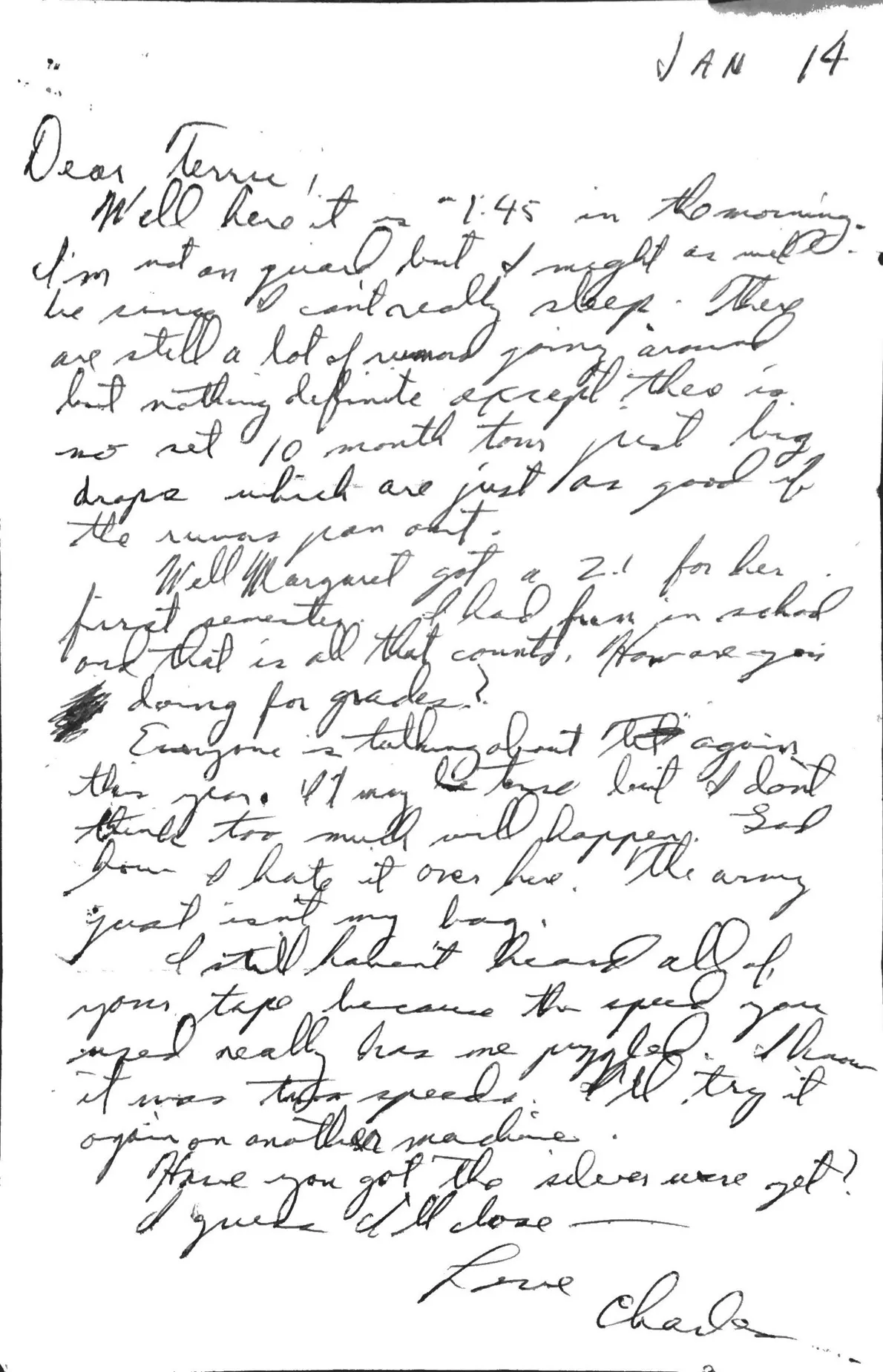 Letter to Terrie, 14 January 1971 — 1:45 a.m., rumors and a puzzling tape — scan 1