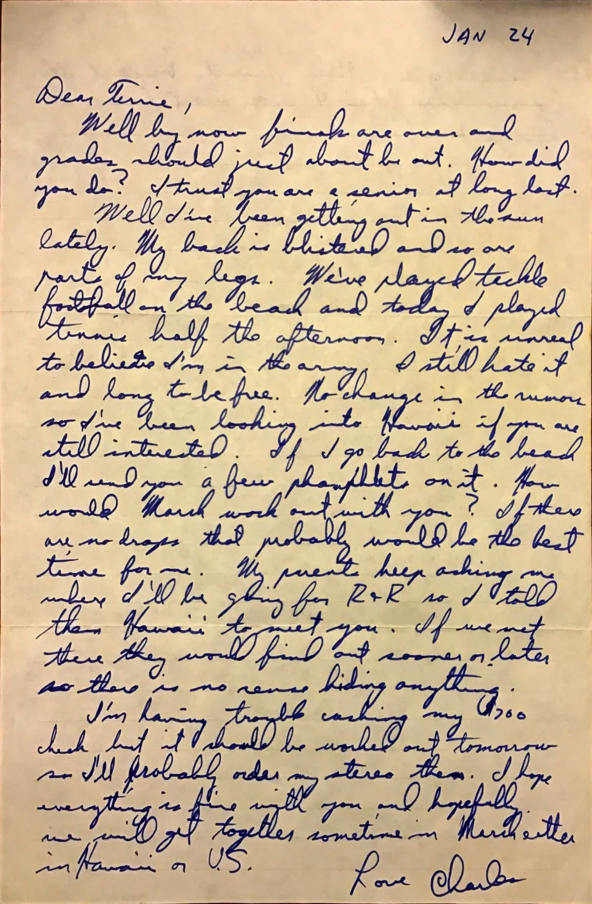 Letter to Terrie, 24 January 1971 — sunburn, finals, and planning a March reunion in Hawaii or the U.S. — scan 2