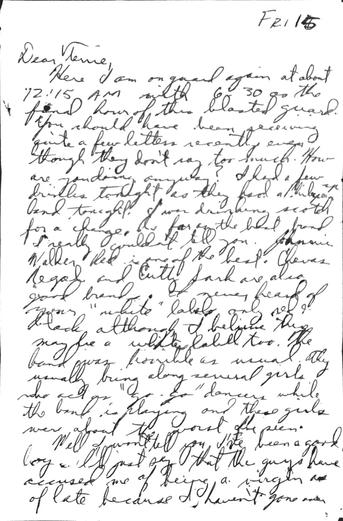 Letter to Terrie, 15 January 1971 — on guard, scotch, and what's actually hard about the field — scan 1