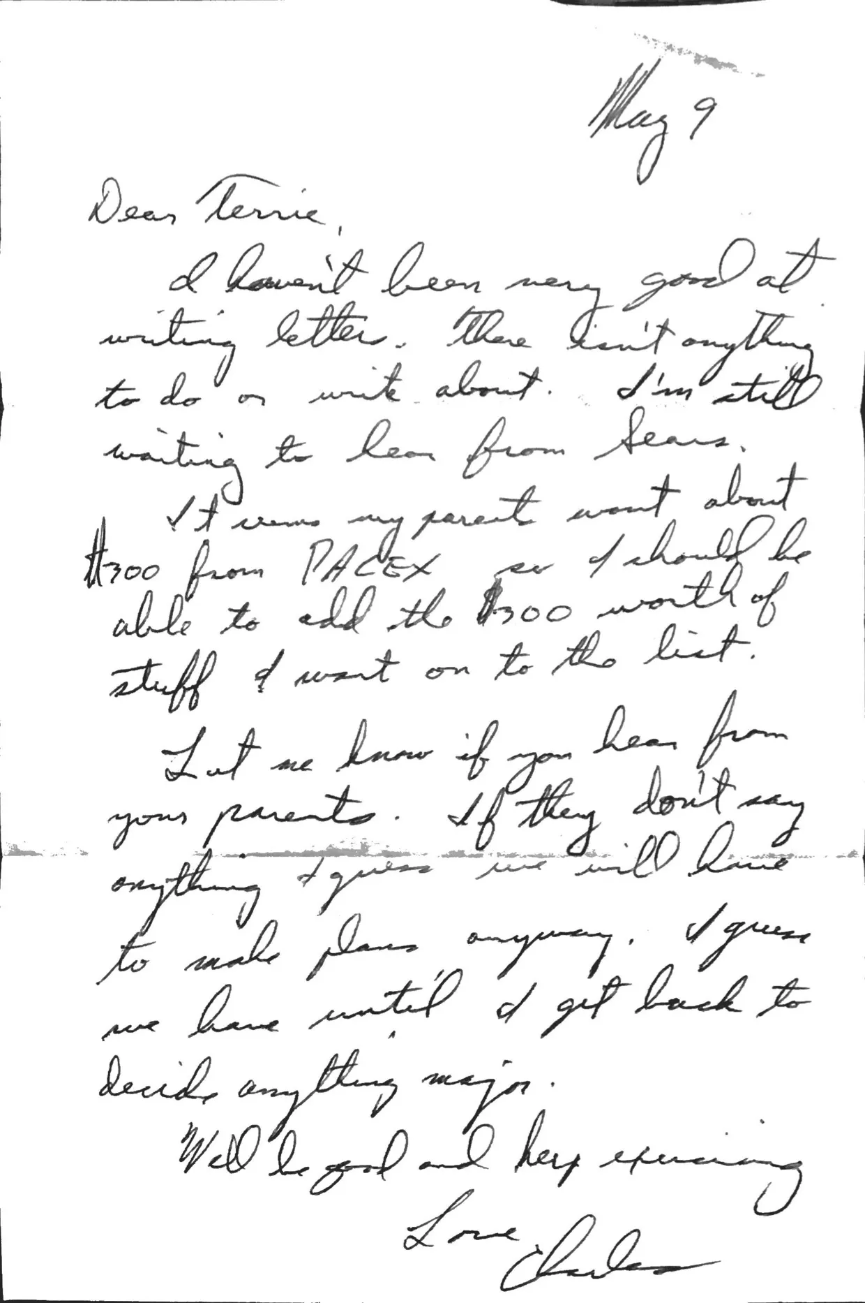 Letter to Terrie, 9 May 1971 — the PACEX list and 'until I get back to decide anything major' — scan 1