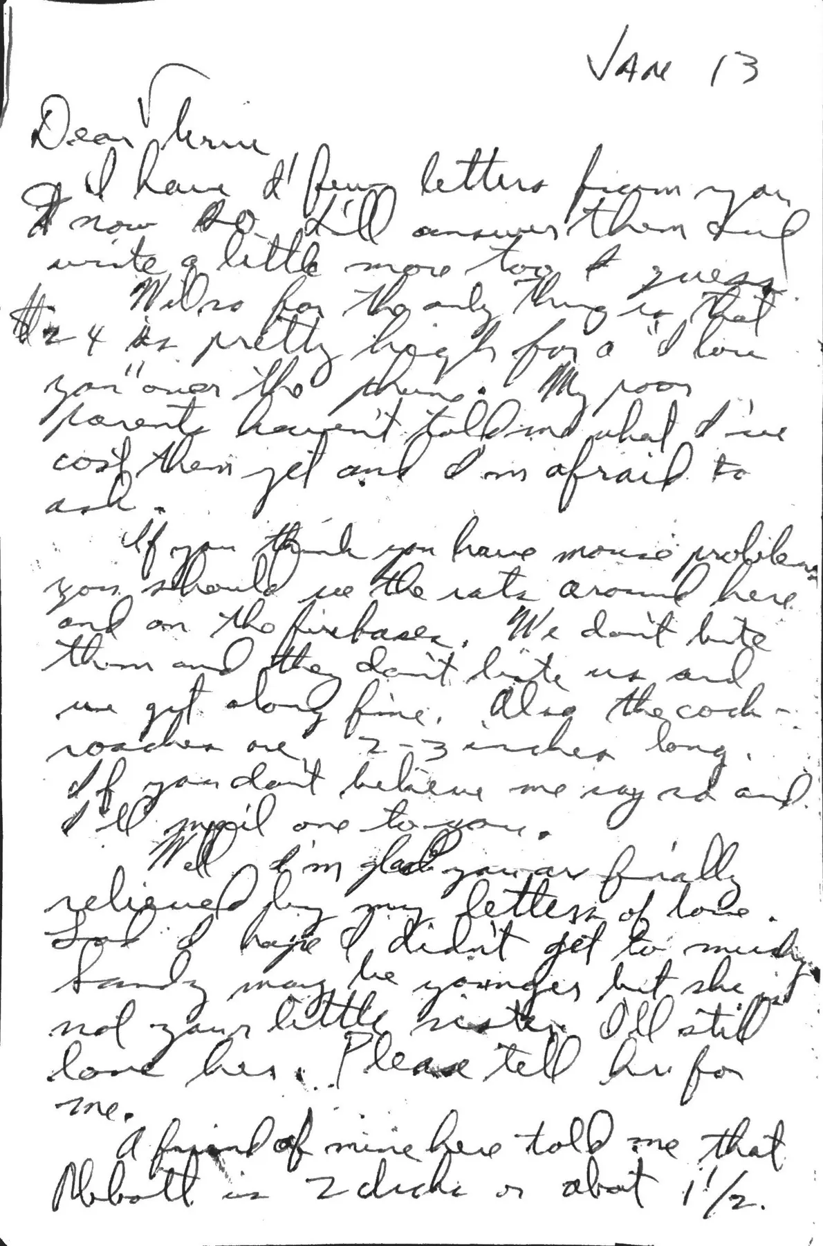 Letter to Terrie, 13 January 1971 — rats, the Bob Hope show, and a word against poetry — scan 1