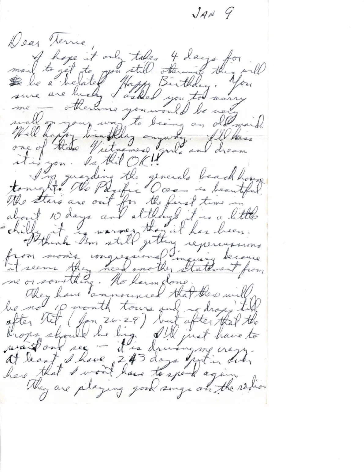 Letter to Terrie, 9 January 1971 — a birthday letter from the general's beach house — scan 1